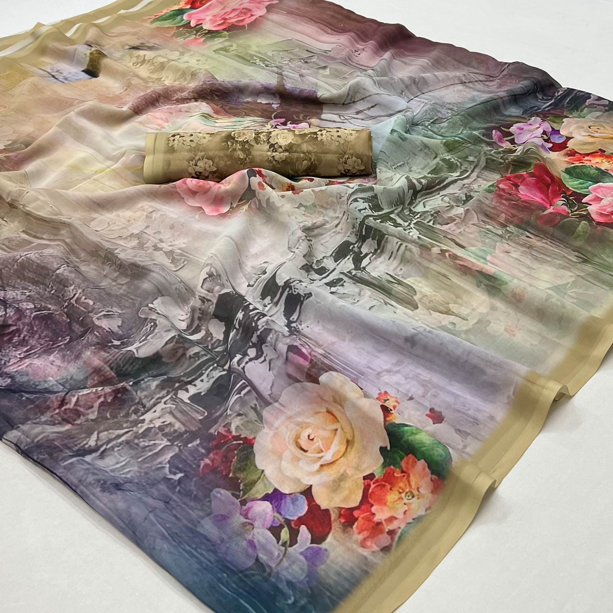 Chikoo Digital Printed Georgette Saree