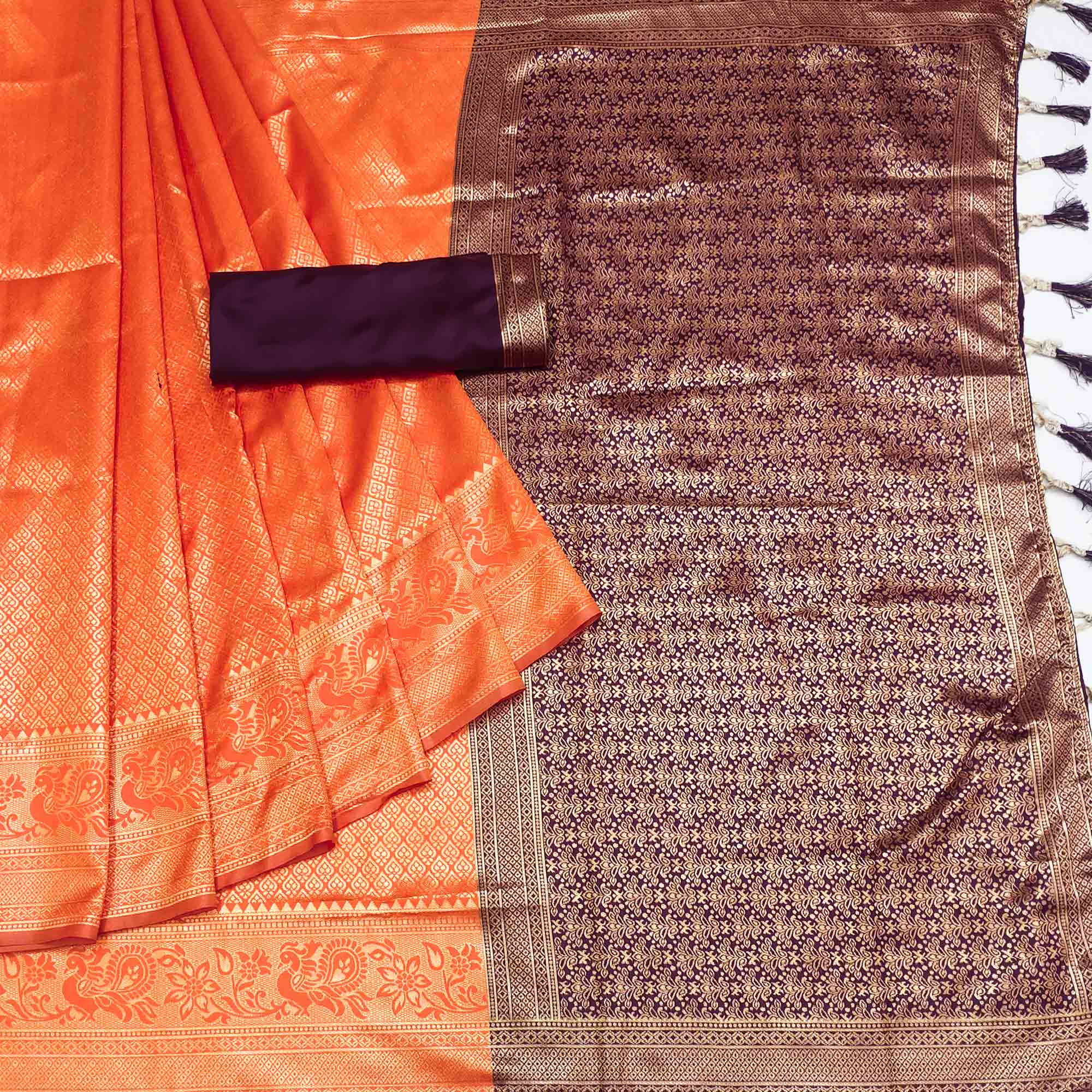 Orange Woven Jacquard Saree With Tassels
