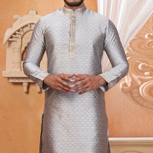 Grey Embroidered Jacquard Kurta Pyjama Set