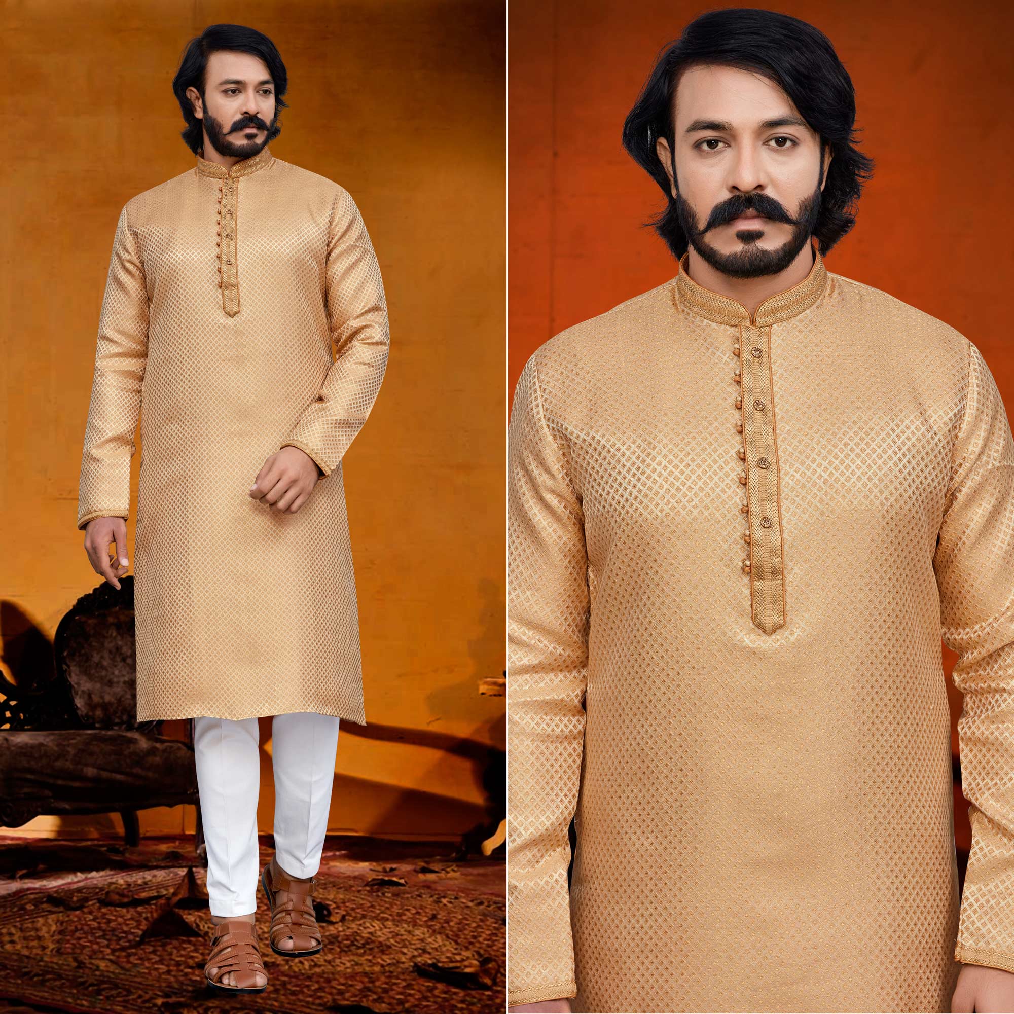 Cream Woven Jacquard Kurta Pyjama Set