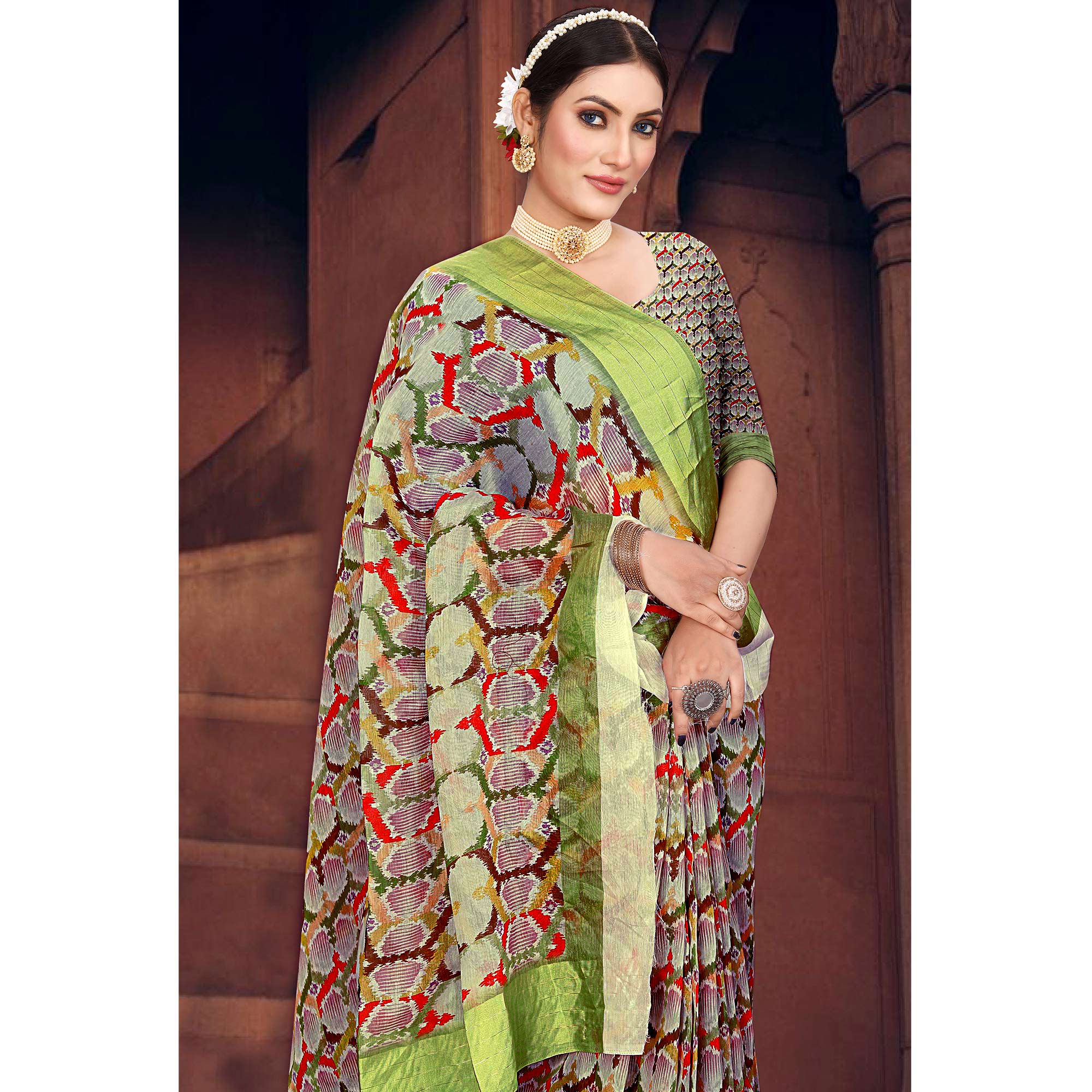 Green Digital Printed Cotton Blend Saree