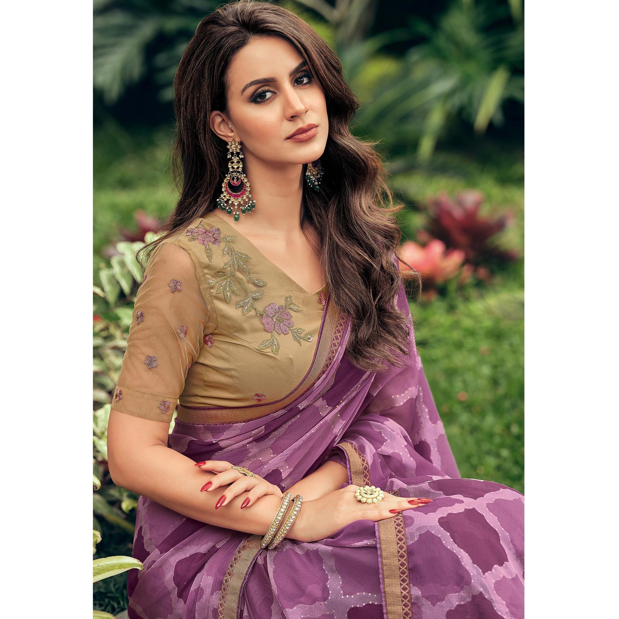 Purple Foil Printed Chiffon Saree