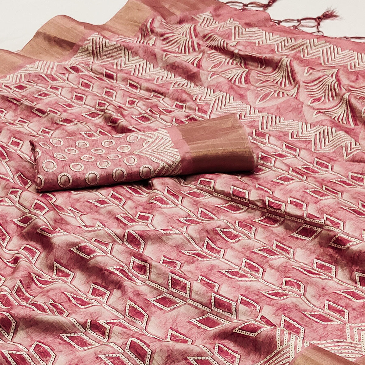 Pink Printed Matka Tussar Saree With Tassels