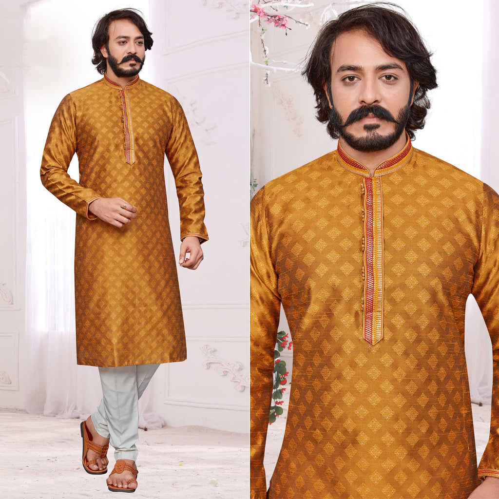 Men Mustard Yellow Printed Poly Jacquard Kurta Pyjama main image 0