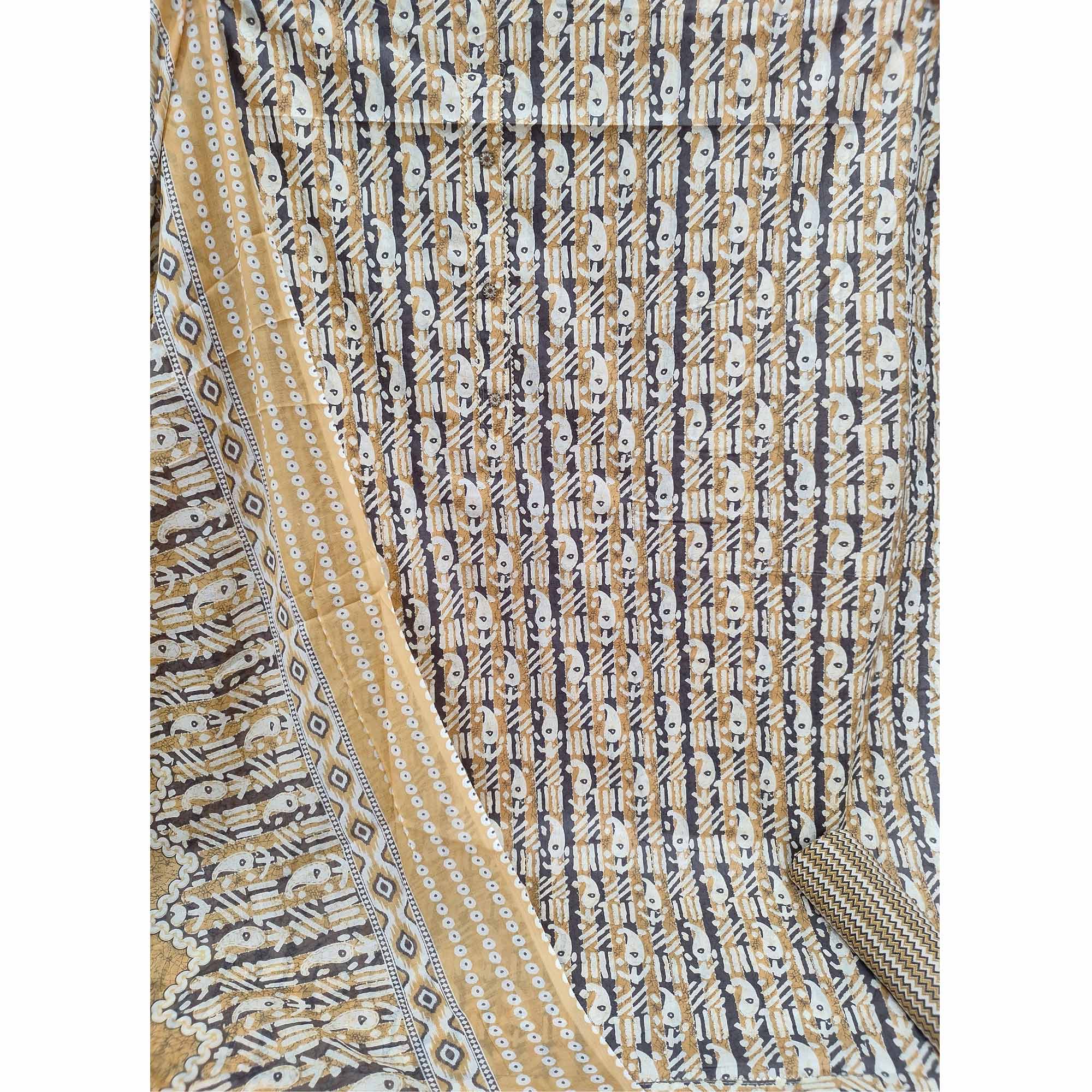 Yellow Printed Cotton Blend Dress Material
