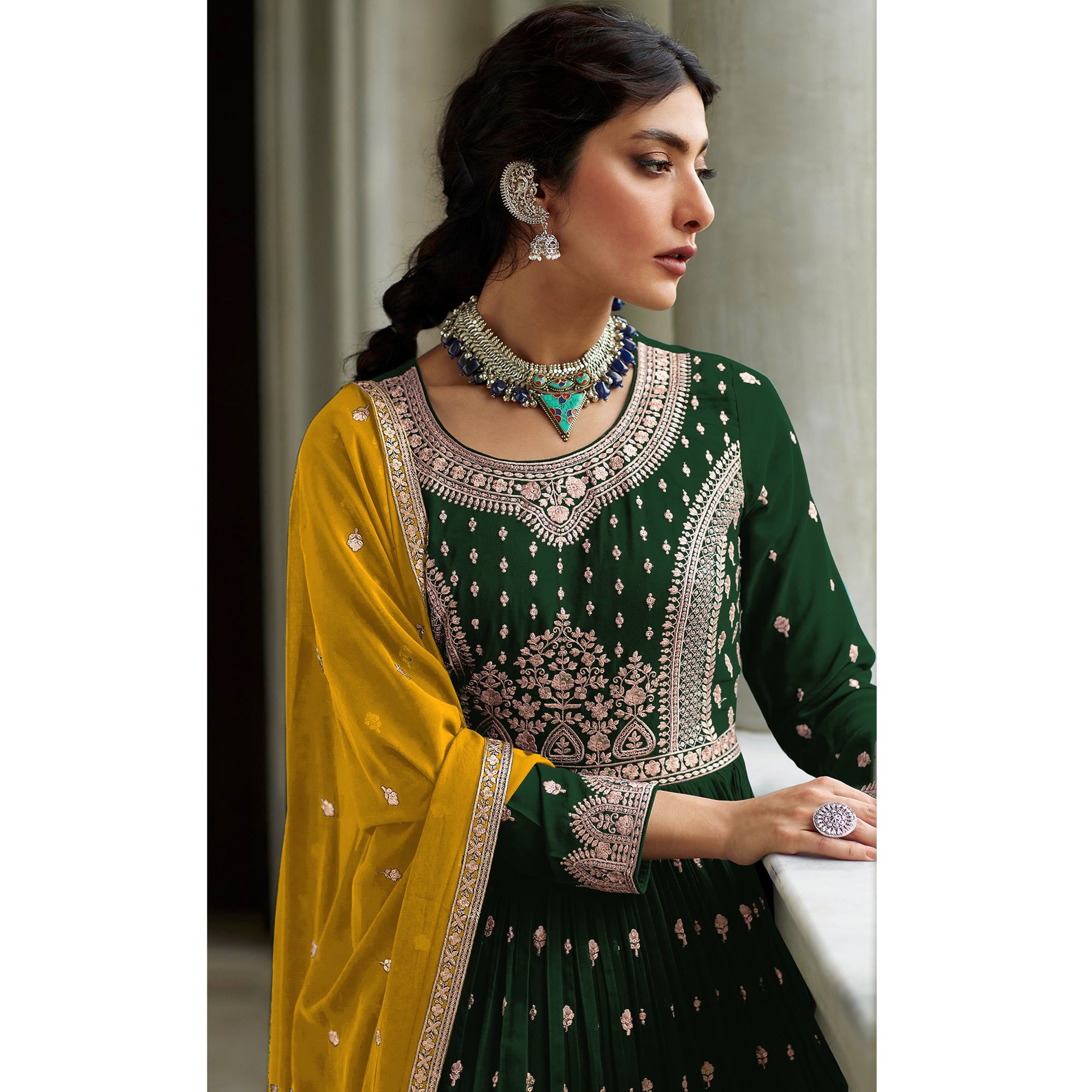 Green Floral Embroidered Georgette Sharara Suit
