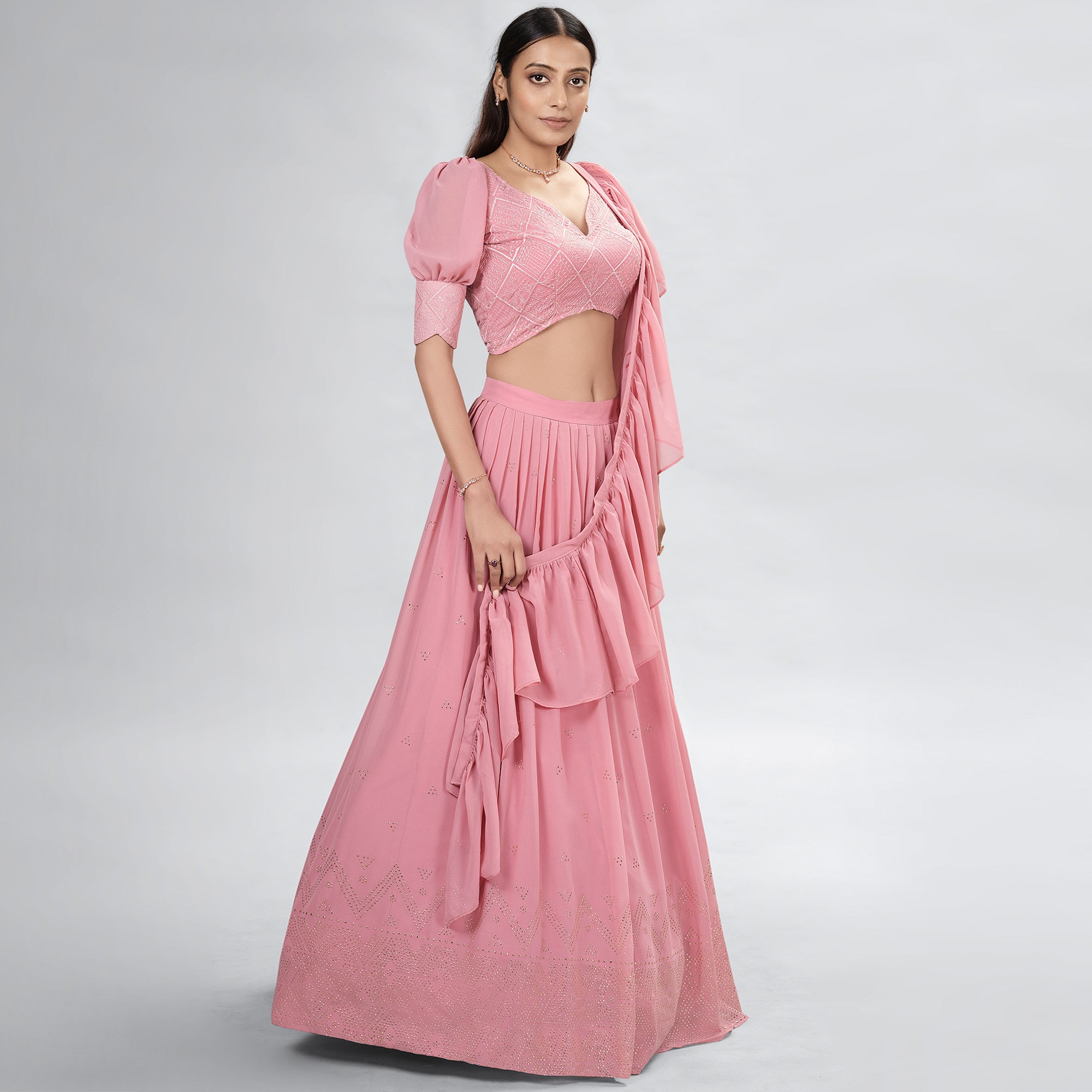 Pink Embellished With Embroidered Georgette Lehenga Choli
