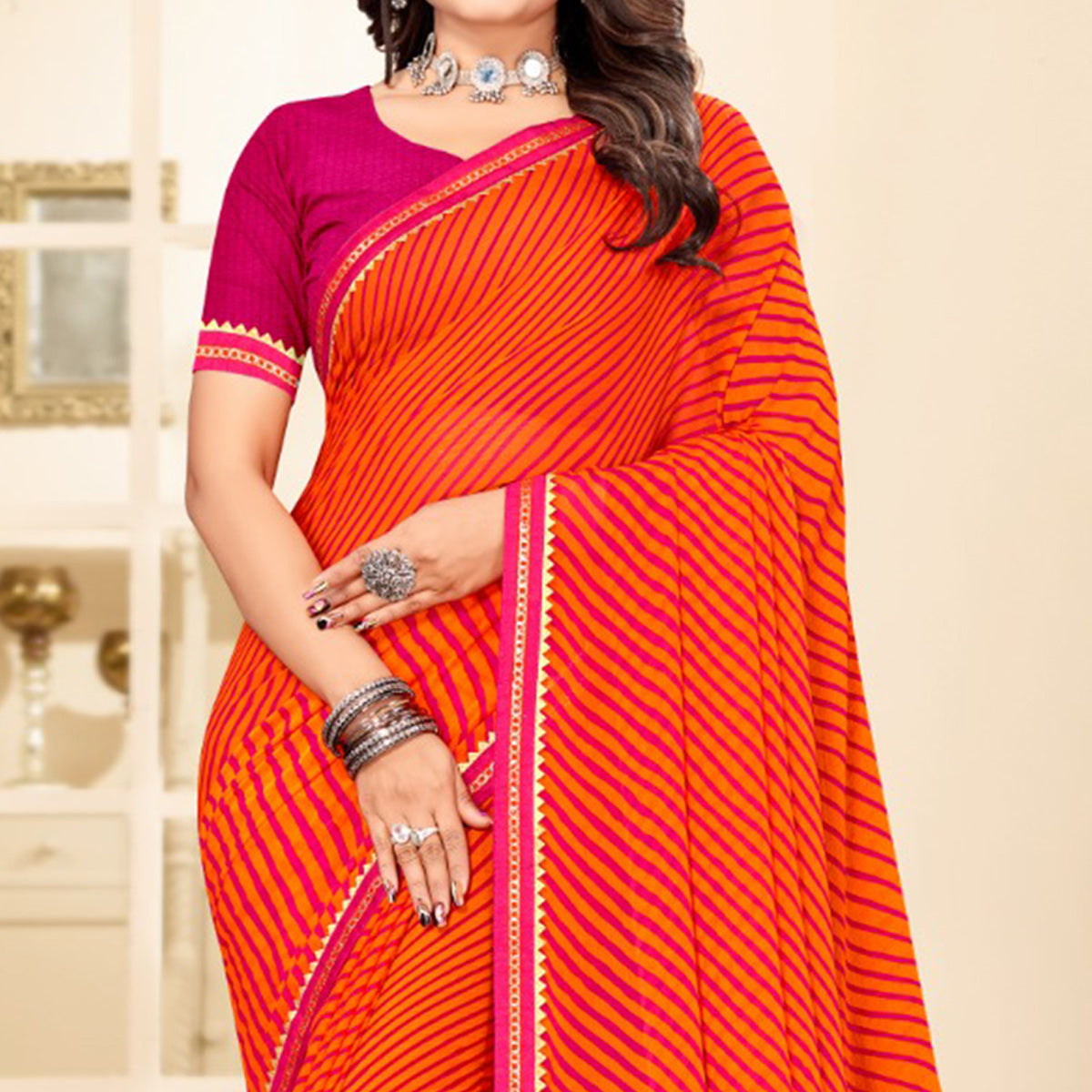 Orange Digital Striped Printed Chiffon Saree With Tassels