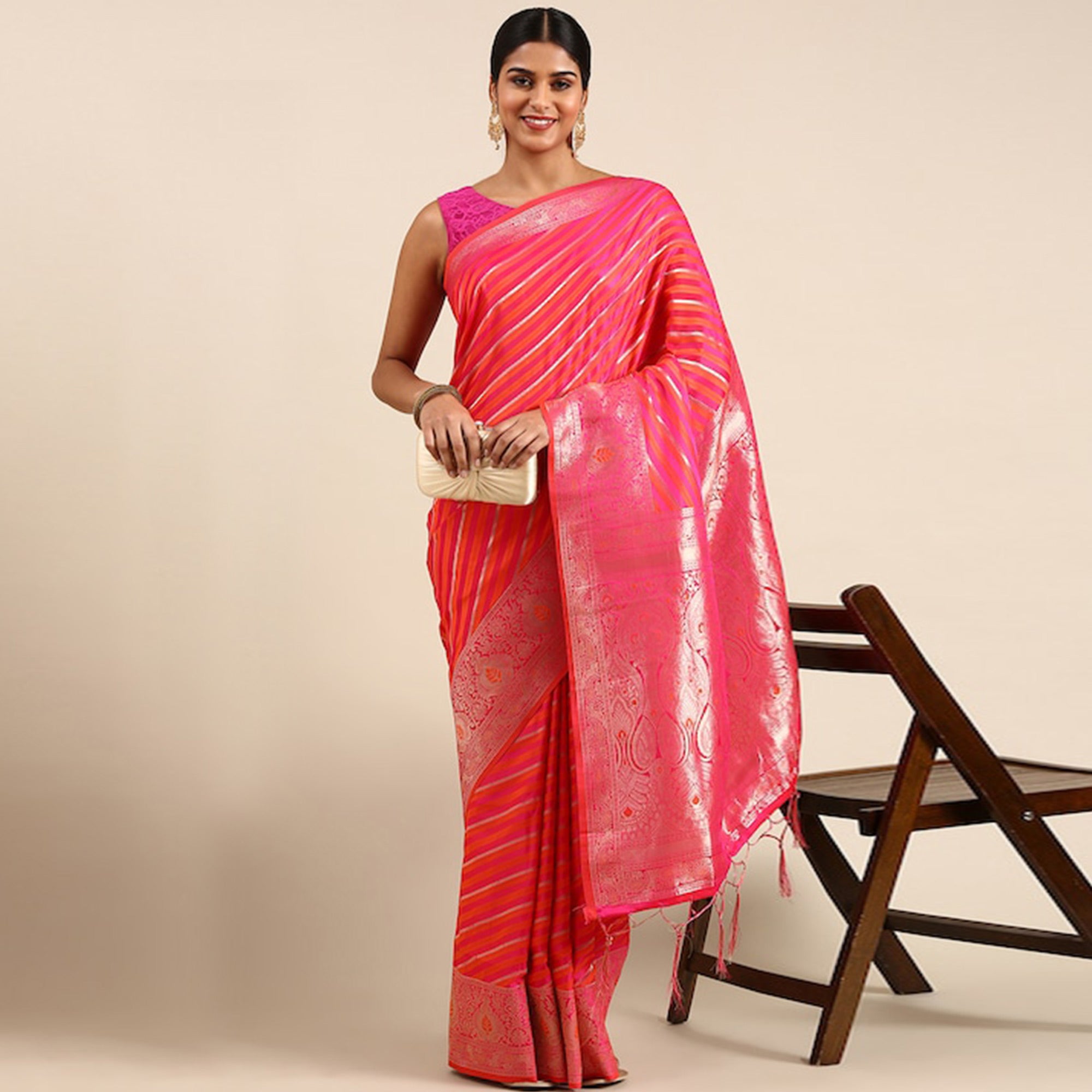 Pink Woven Kanjivaram Silk Saree WithTassels