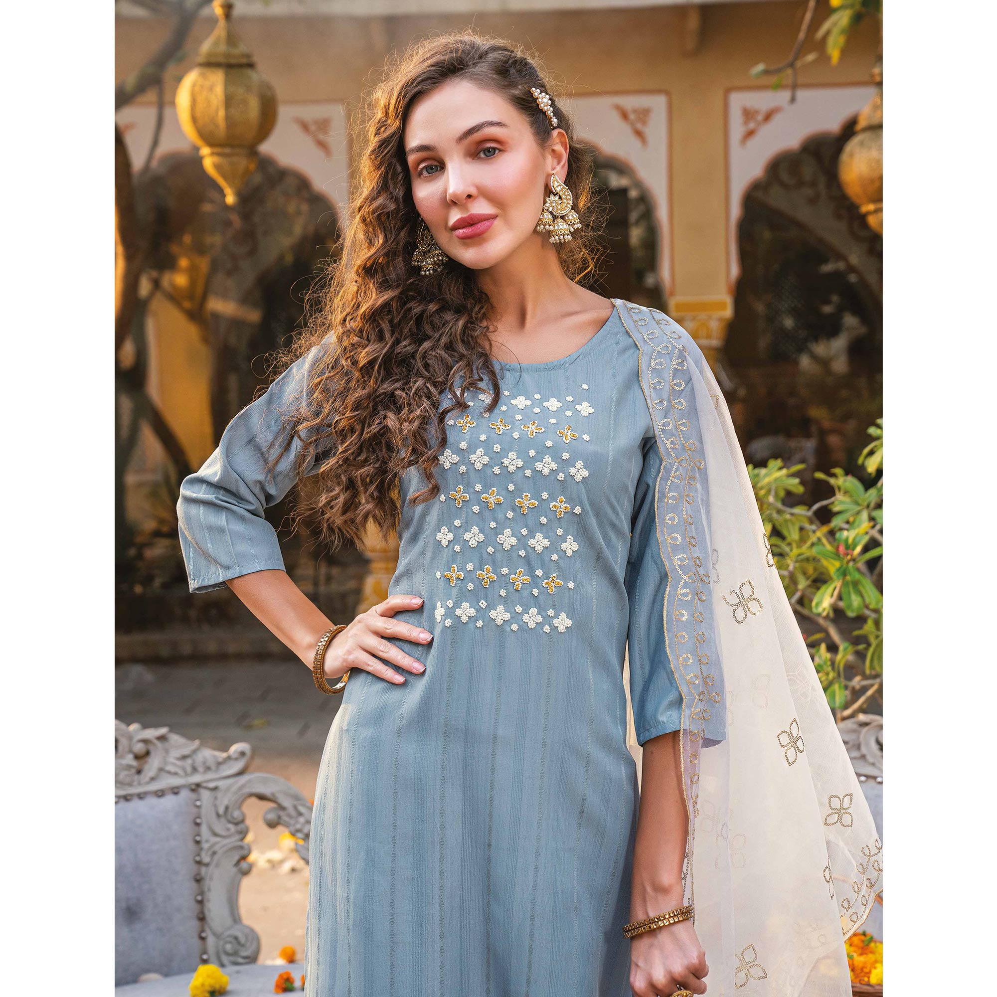 Light Blue Embellished Viscose Salwar Suit