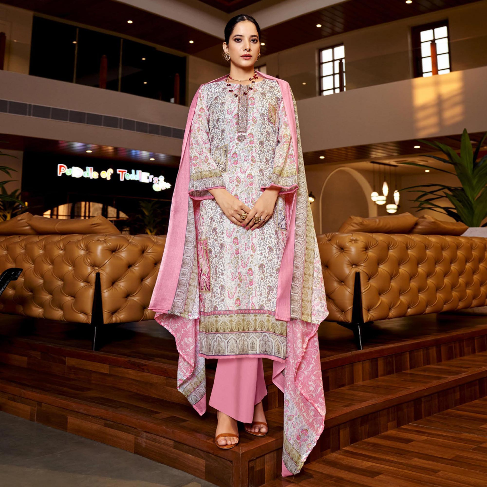White & Pink Floral Print With Embroidered Pure Cotton Salwar Suit