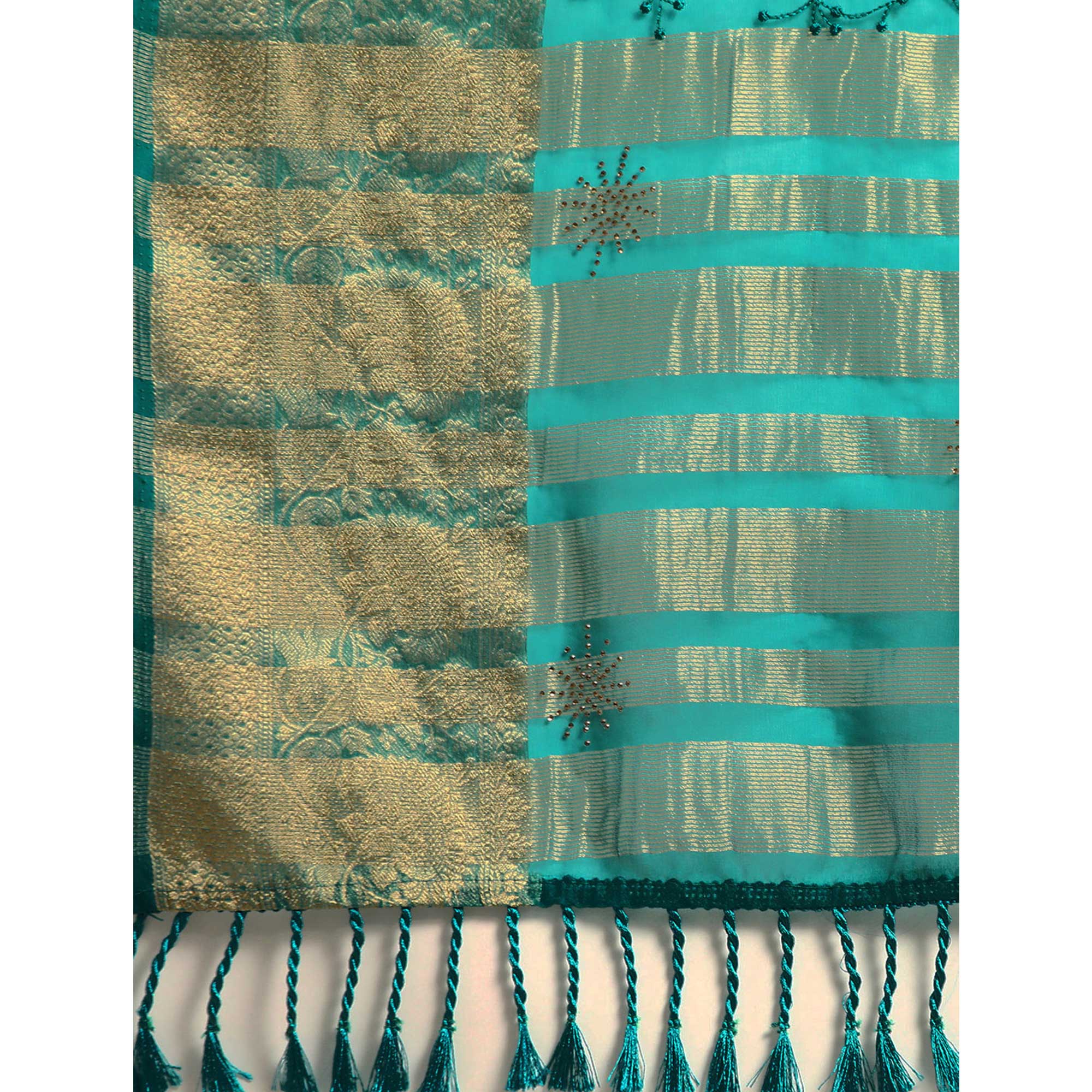 Turquoise Floral Embroidered Organza Saree