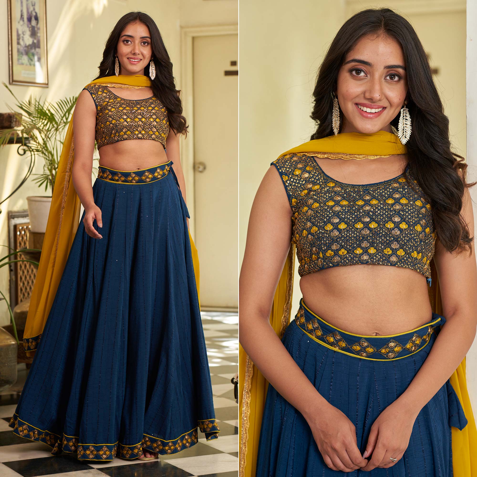 Blue Sequins Embroidered Chanderi Lehenga Choli