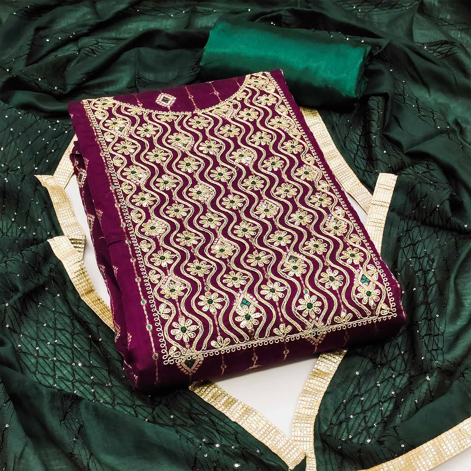 Wine Woven With Embroidered Modal Dress Material