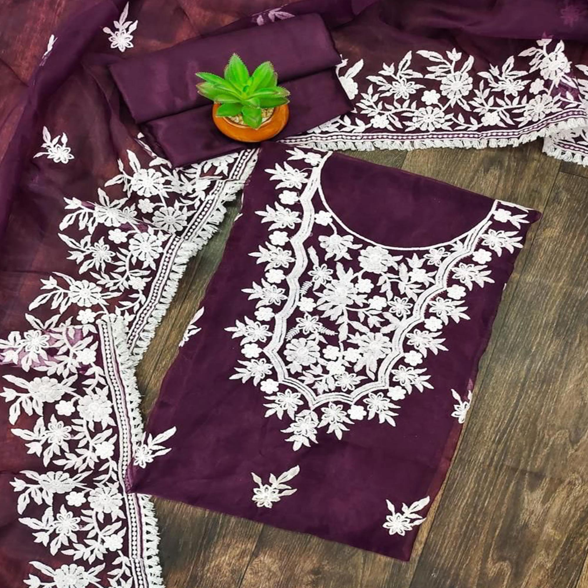 Wine Floral Embroidered Organza Dress Material