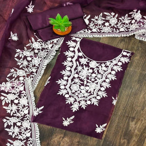 Wine Floral Embroidered Organza Dress Material