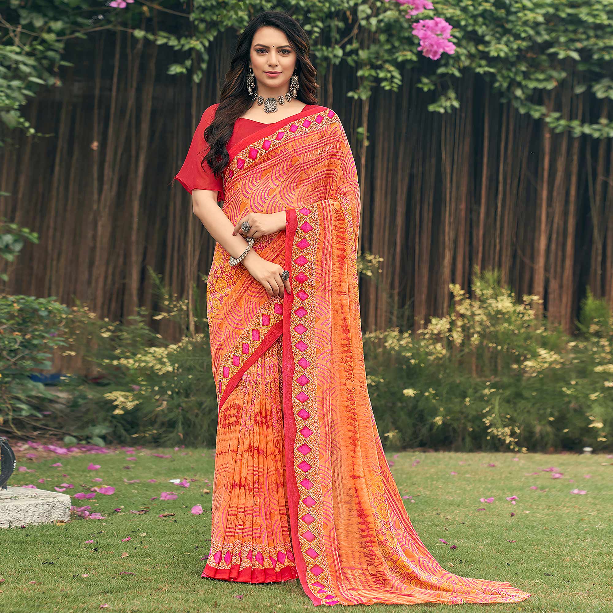Orange Geometric Printed Georgette Saree
