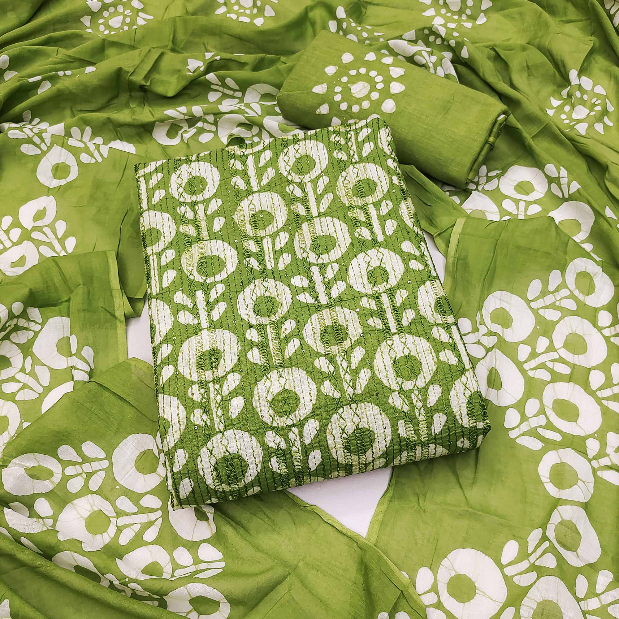 Green Printed & Embroidered Pure Cotton Dress Material
