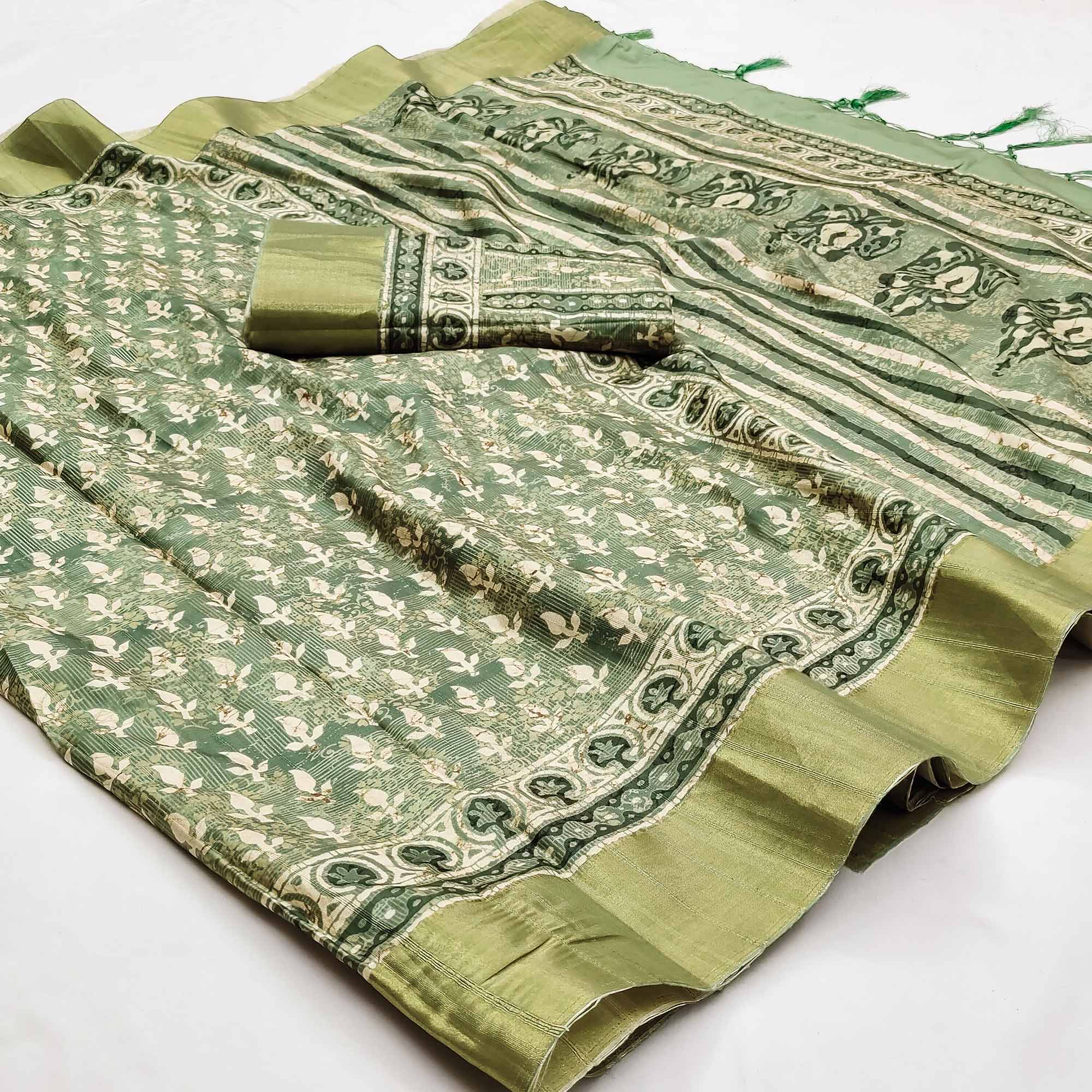 Green Floral Digital Printed Matka Tussar Silk Saree With Tassels