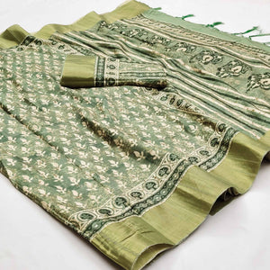 Green Floral Digital Printed Matka Tussar Silk Saree With Tassels