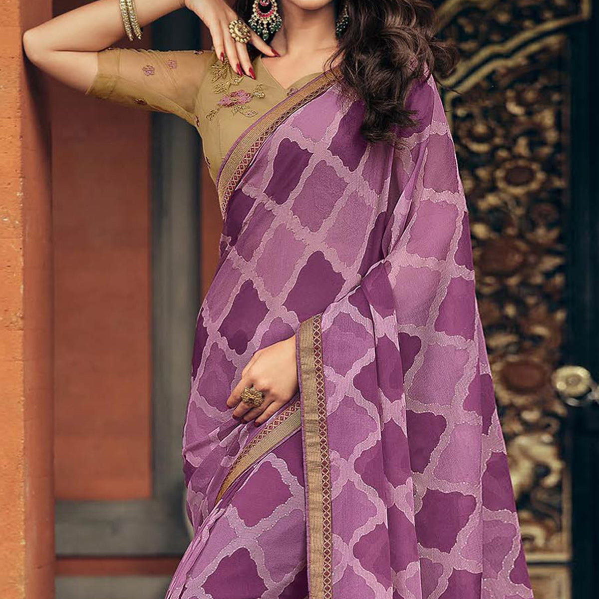 Purple Foil Printed Chiffon Saree
