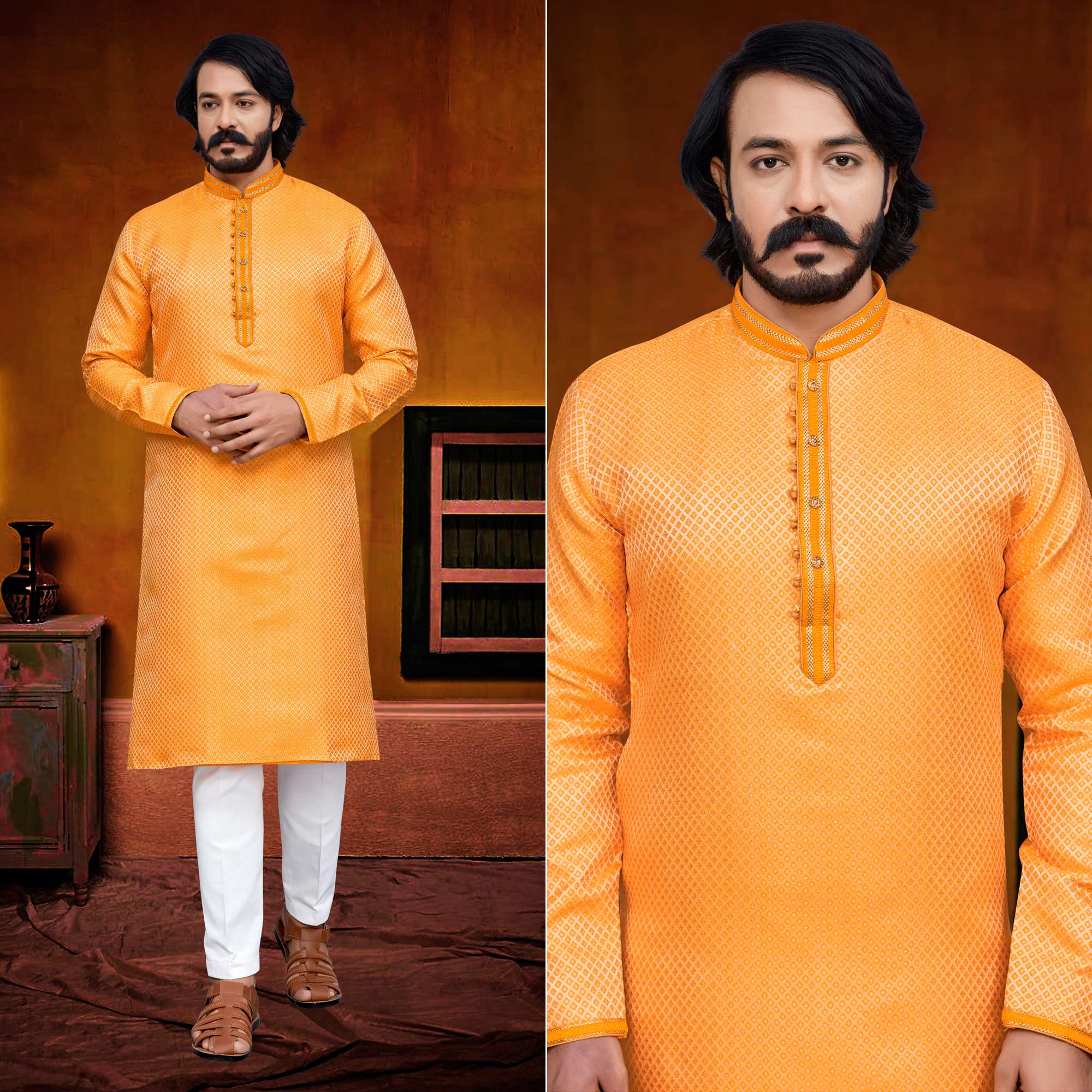 Orange Woven Jacquard Kurta Pyjama Set