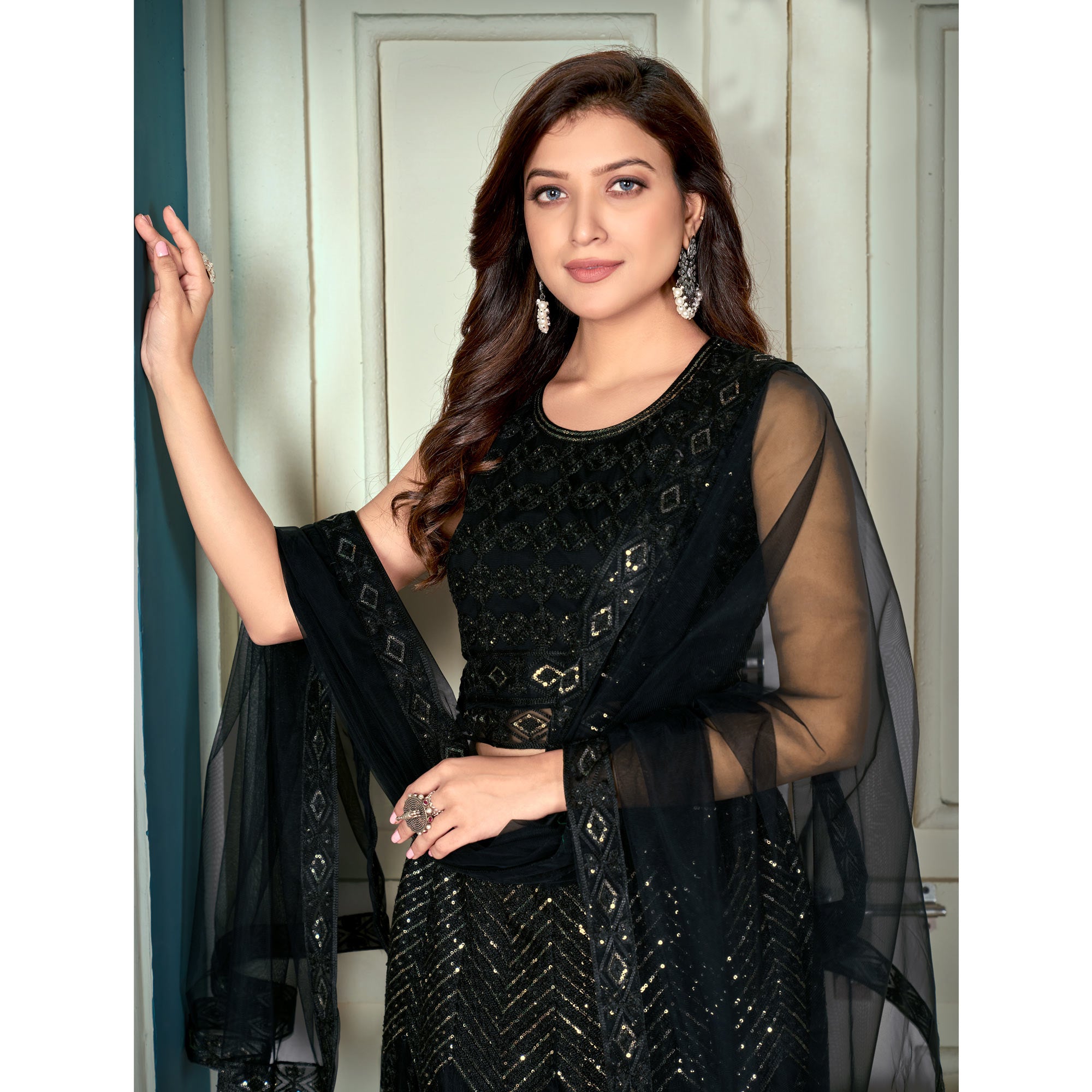Black Sequins Embroidered Netted Lehenga Choli