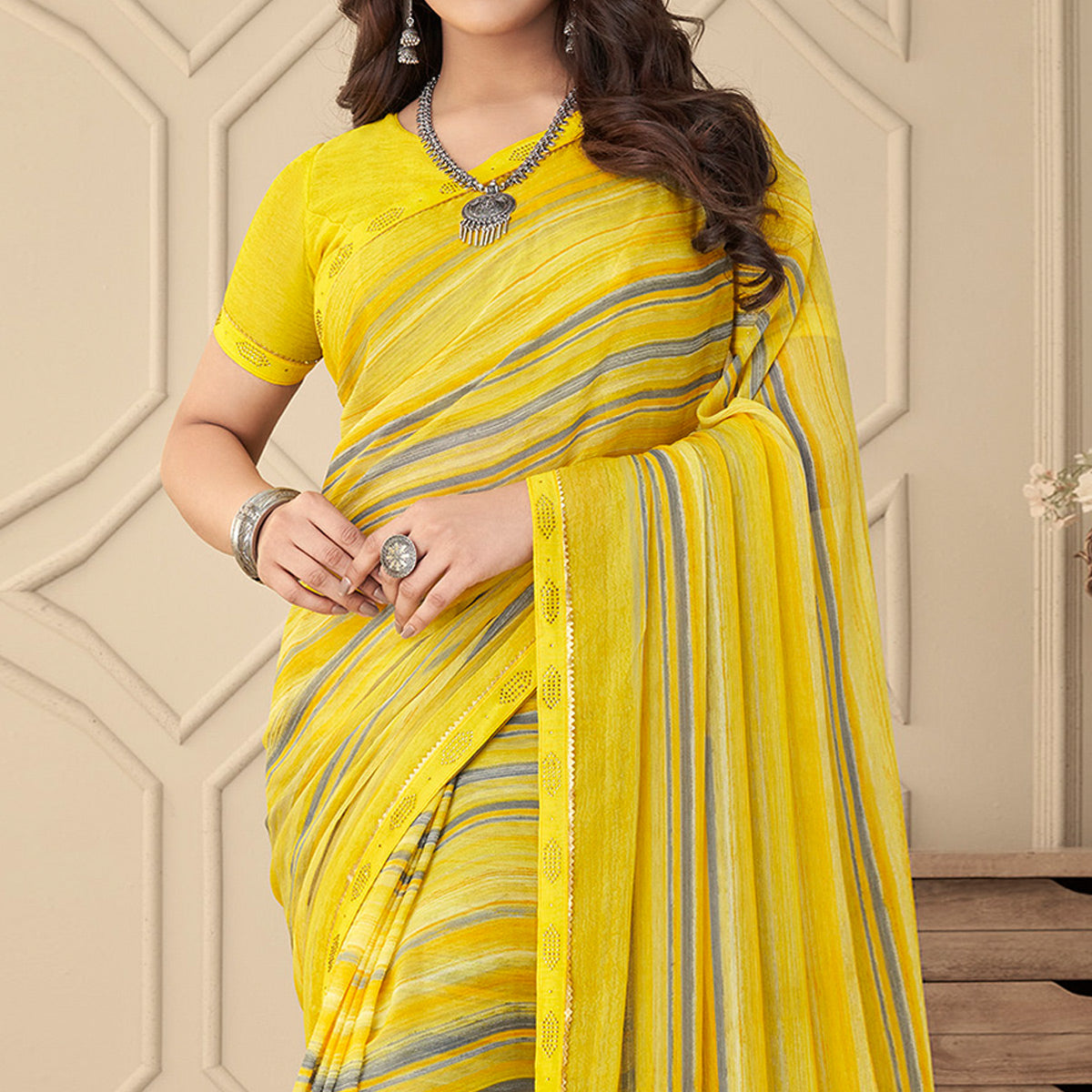 Yellow Printed Chiffon Saree With Tassels