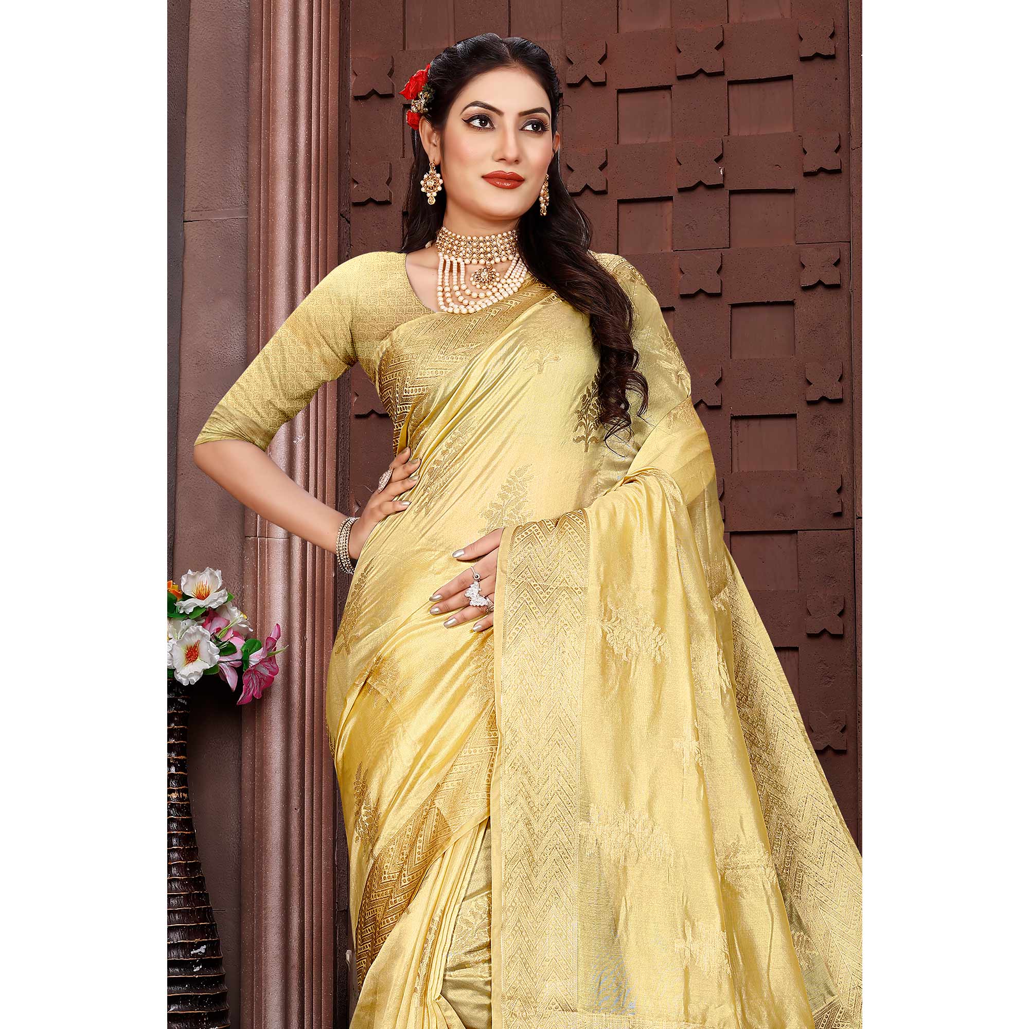 Cream Floral Woven Organza Saree