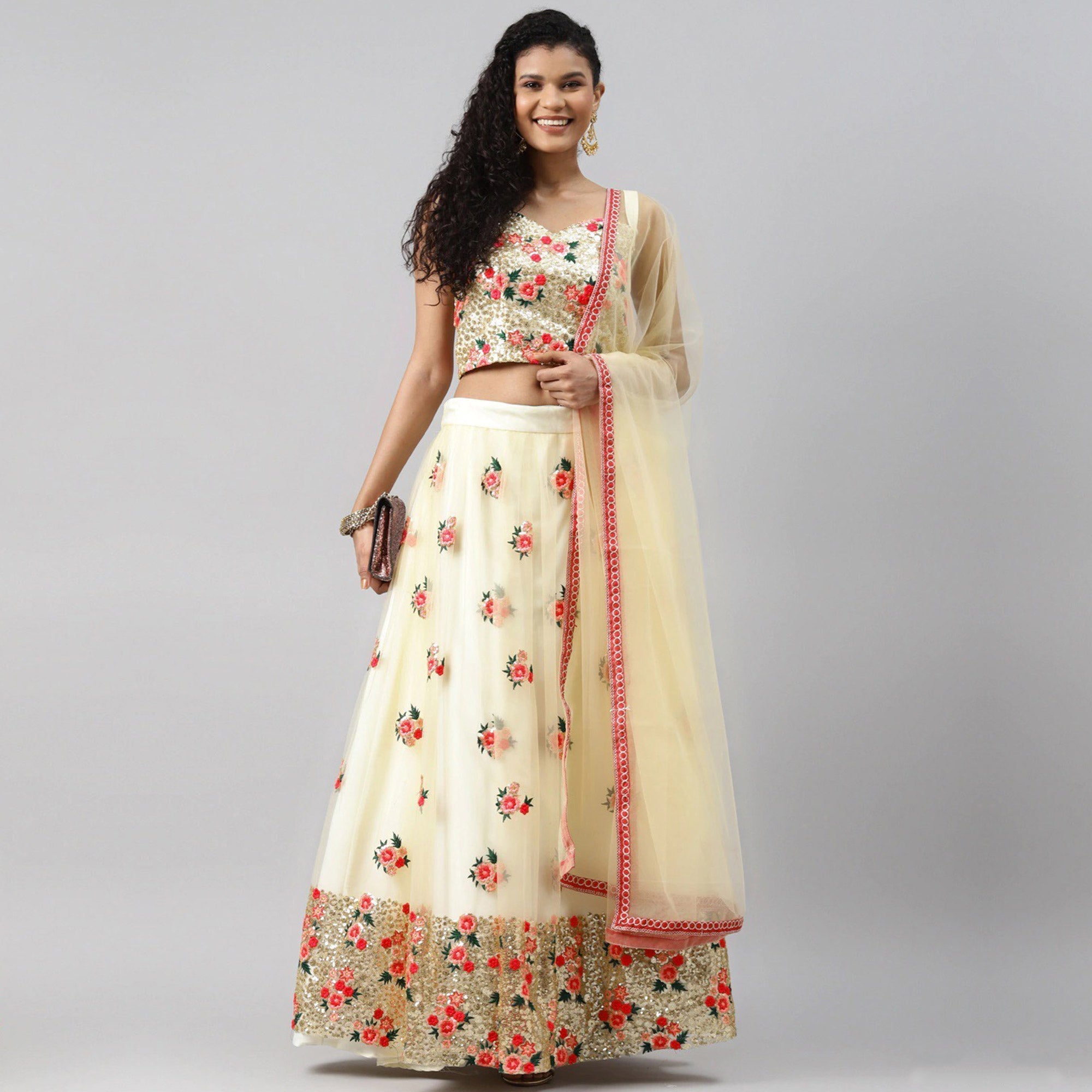 Cream Floral Embroidered Netted Lehenga Choli