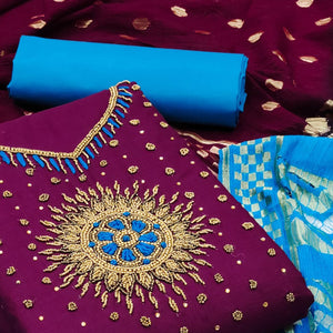 Wine Pearl Handwork Cotton Slub Dress Material