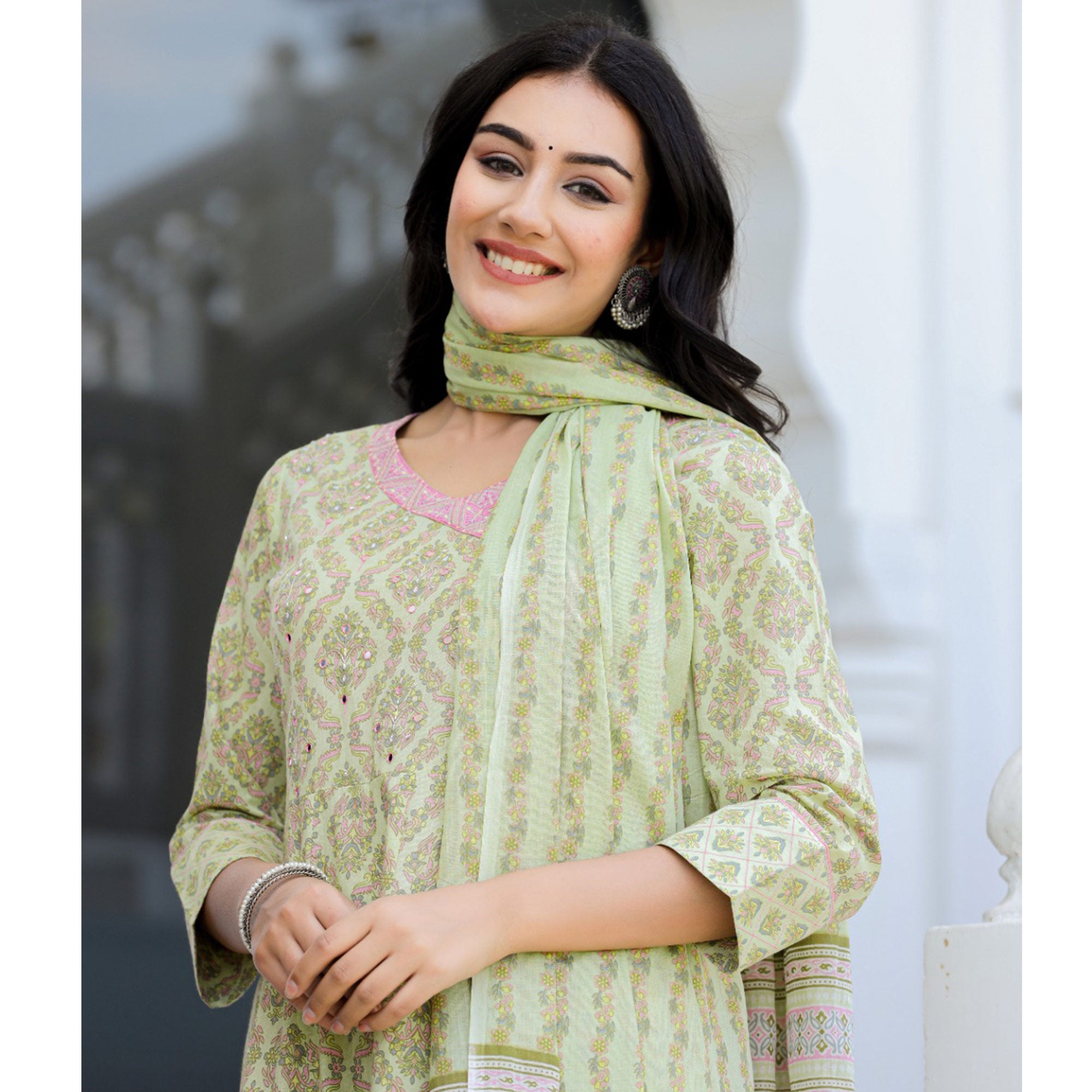 Green Floral Printed Pure Cotton Anarkali Suit