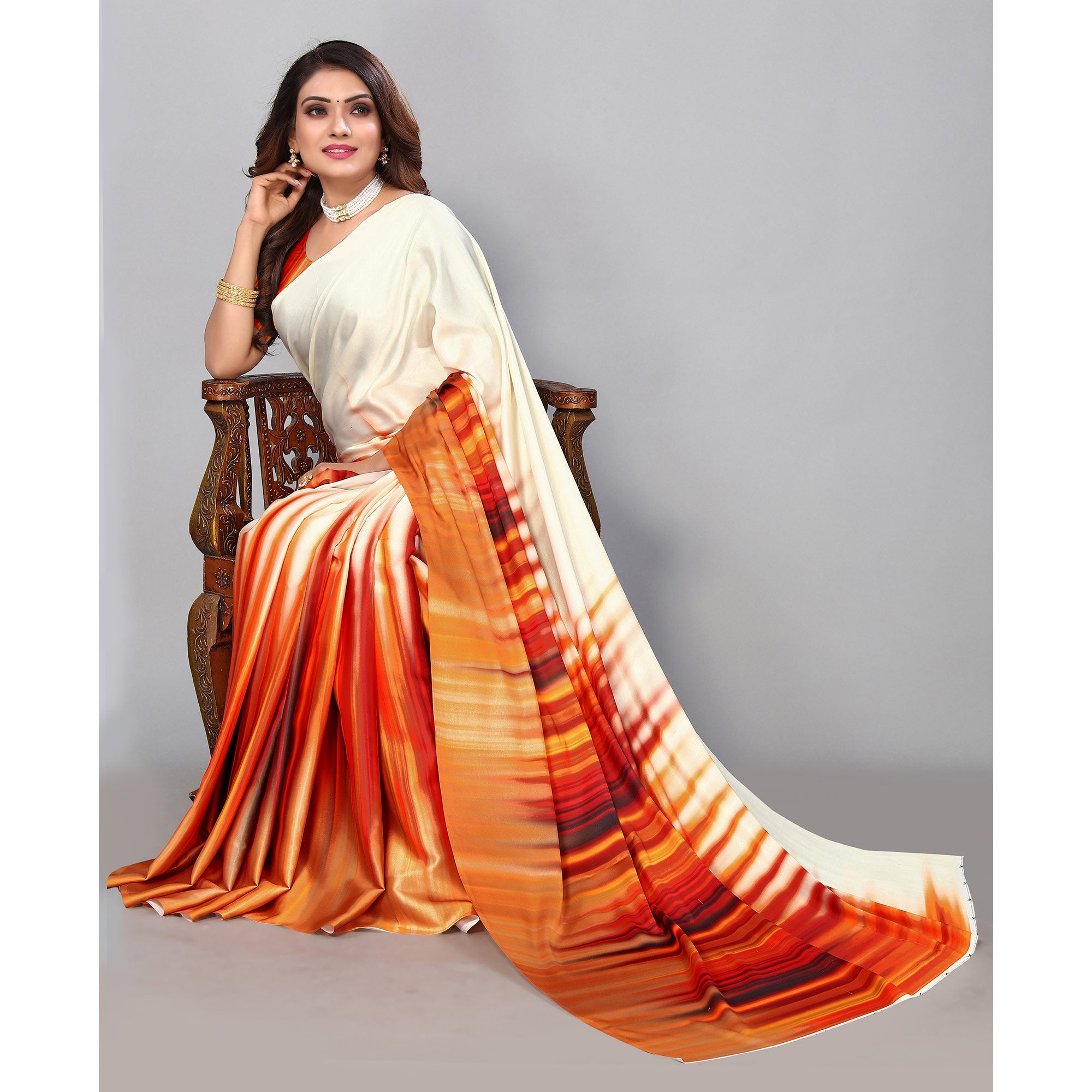 Cream Digital Printed Satin Saree