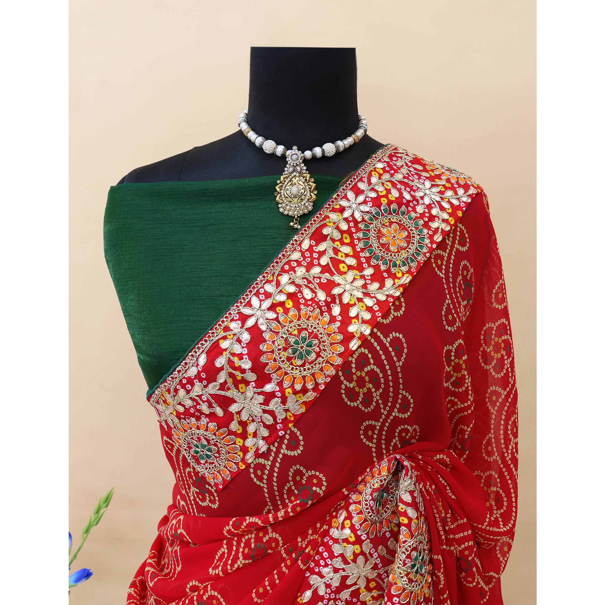 Red Bandhani Printed With Embroidered Border Georgette Saree