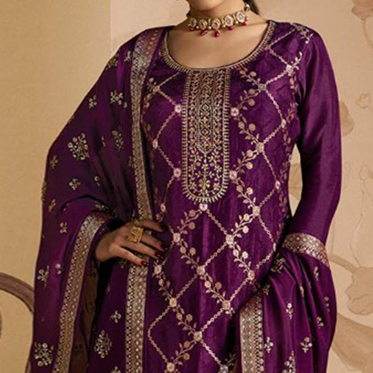 Purple Woven And Embroidered Dola Silk Palazzo Suit