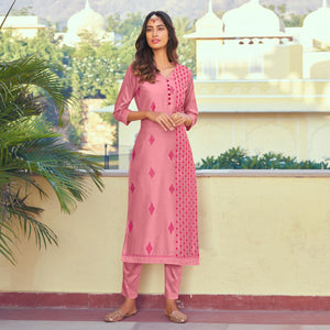 Pink Embroidered Art Silk Kurti Pant Set