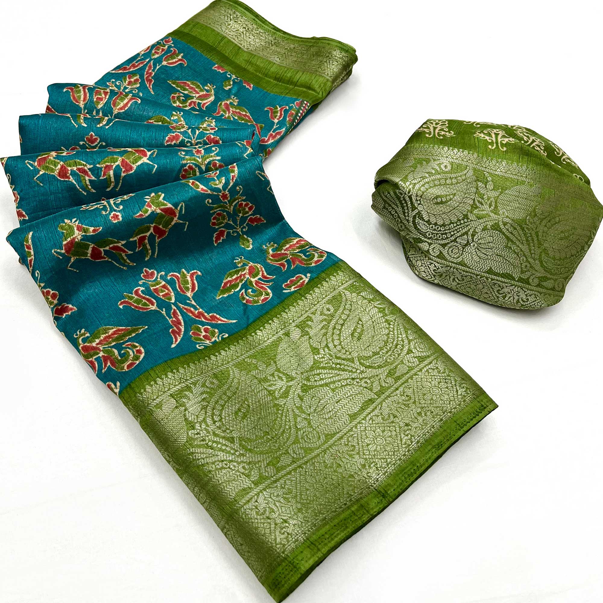 Rama Blue Blue Printed With Woven Border Dola Silk Saree