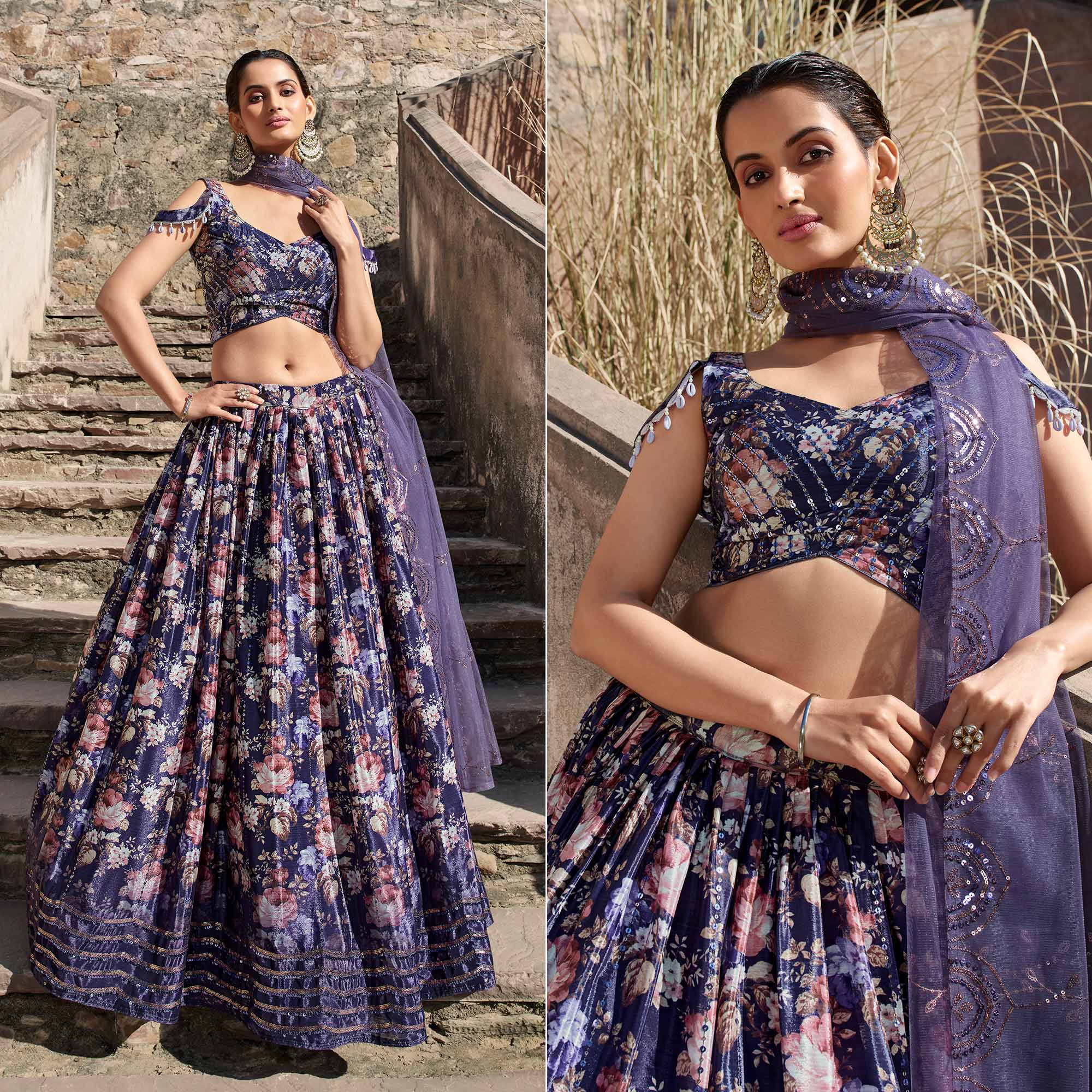 Purple Printed With Sequins Embroidered Georgette Lehenga Choli