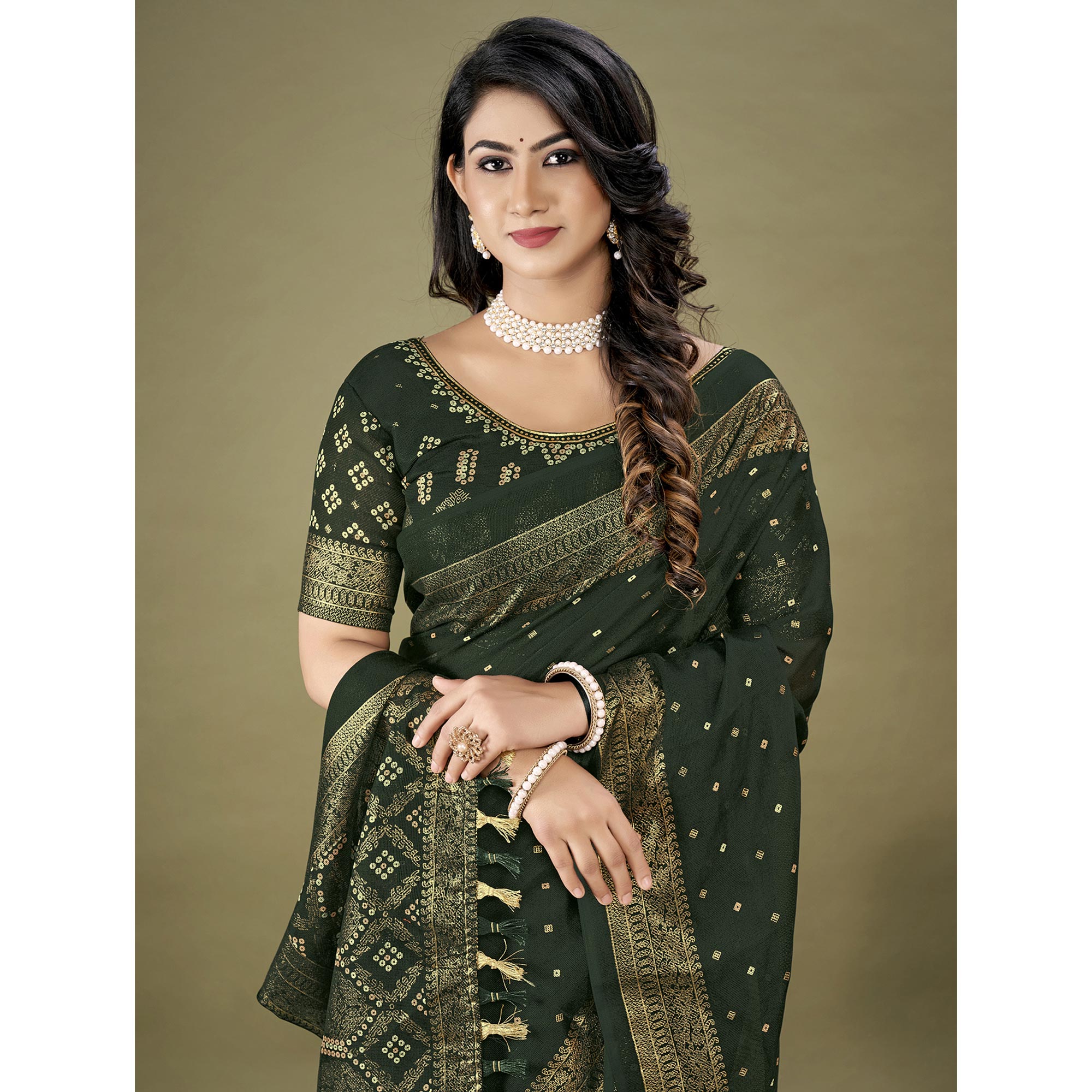 Green Bandhani Printed With Zari Border Jute Saree