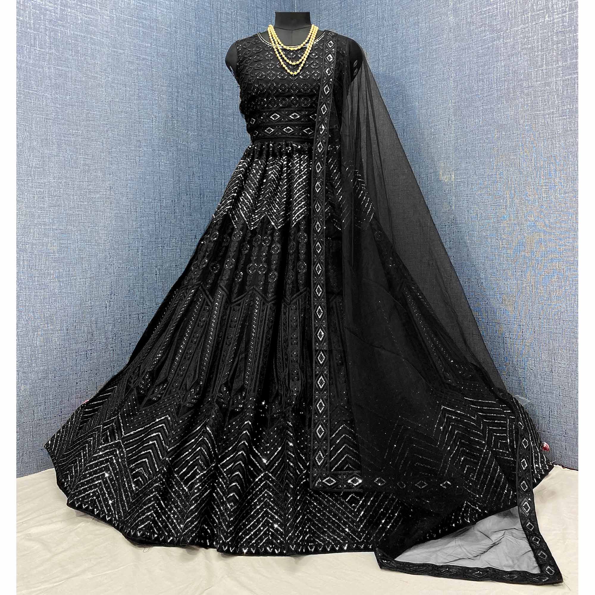 Black Sequins Embroidered Netted Lehenga Choli