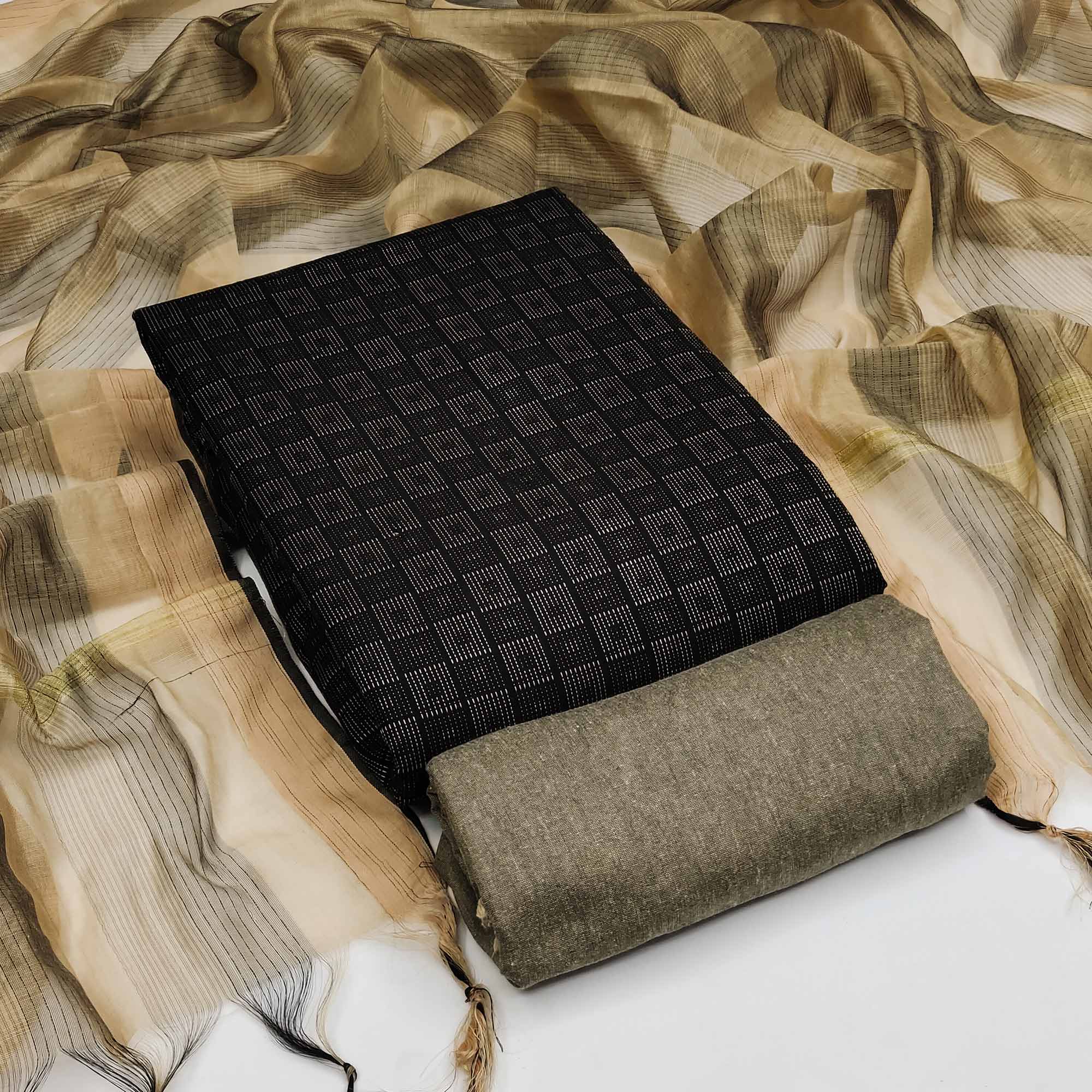 Black Woven Cotton Blend Dress Material