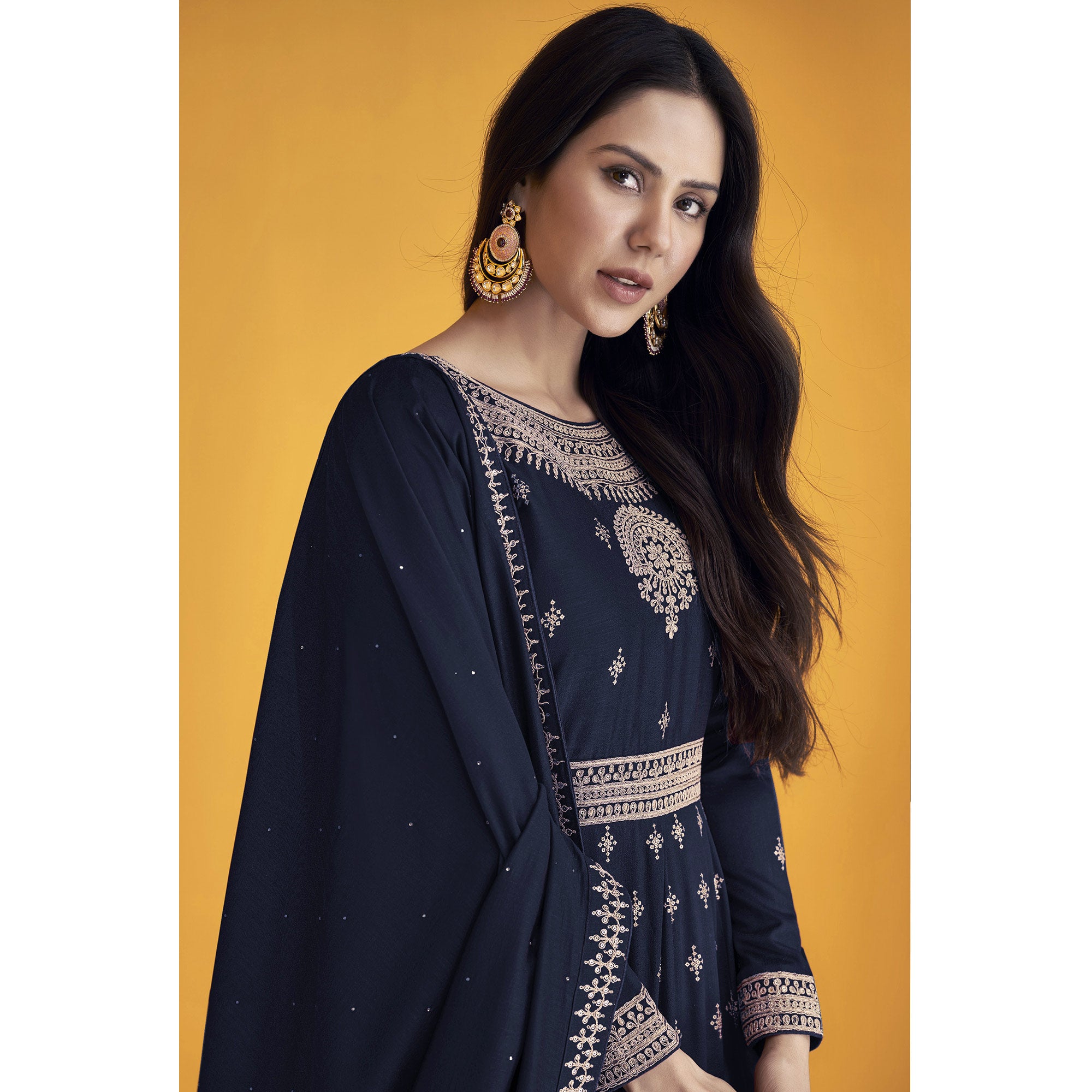 Navy Blue Sequins Embroidered Georgette Semi Stitched Anarkali Suit