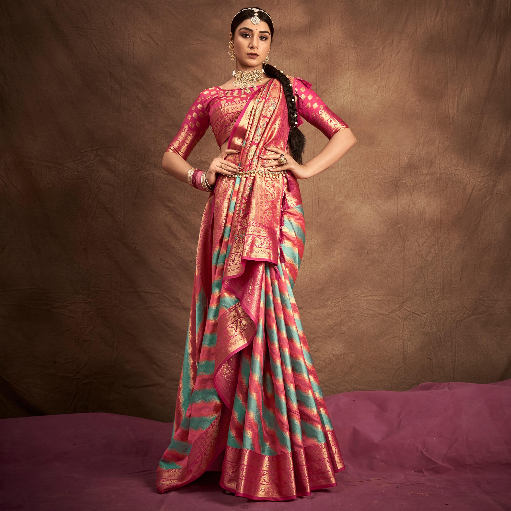 Blue & Pink Woven Art Silk Saree