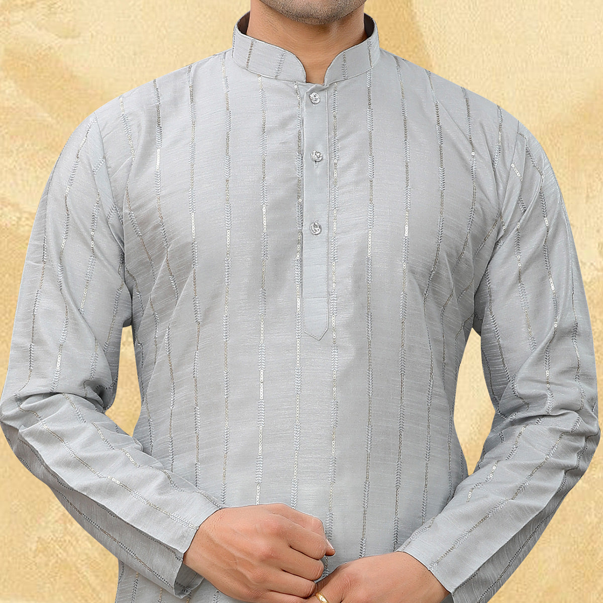 Grey Sequins Embroidered Art Silk Kurta Pyjama Set