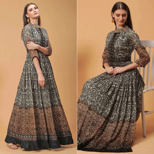 Black Digital Printed Dola Silk Gown
