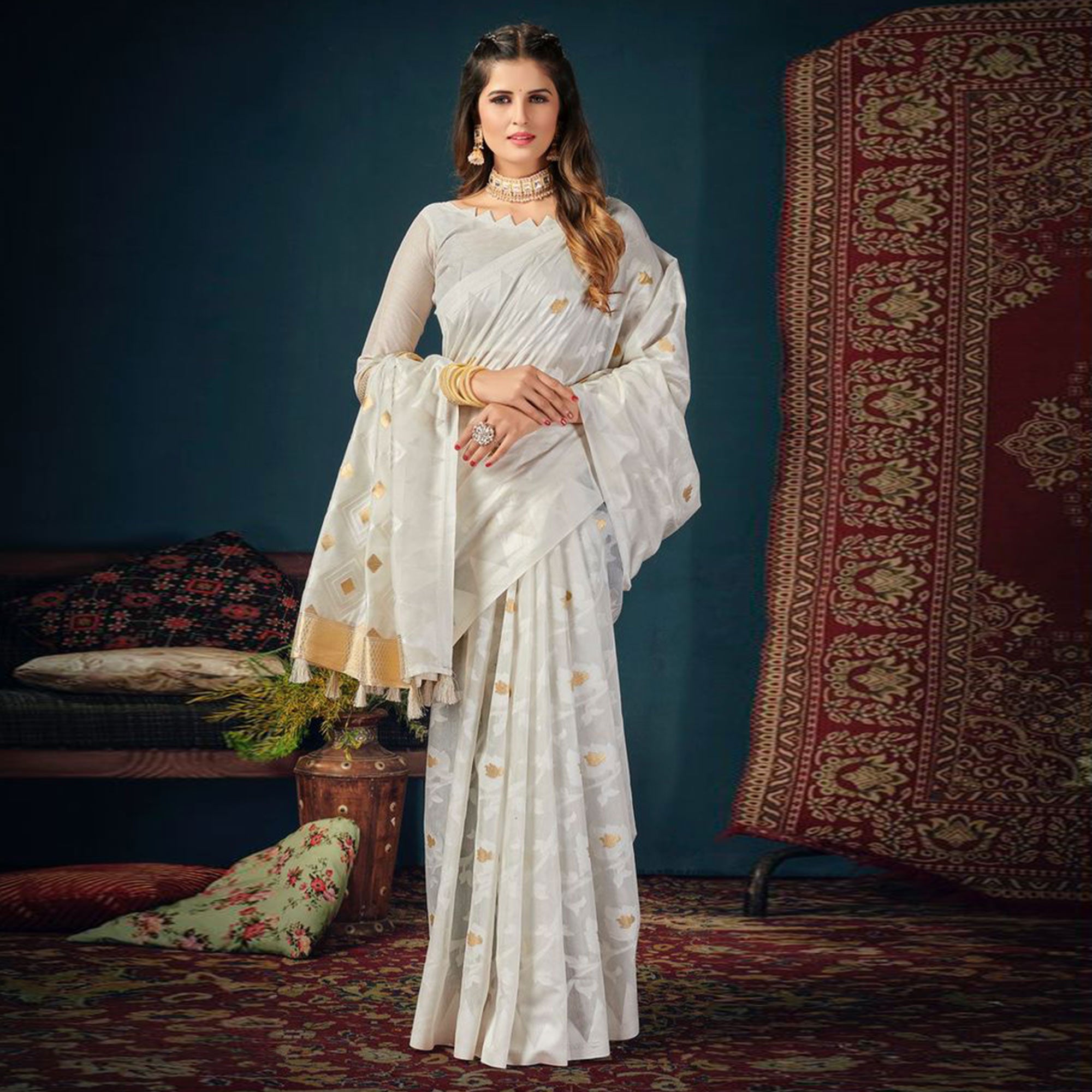 White Woven Cotton Blend Saree With Tassels