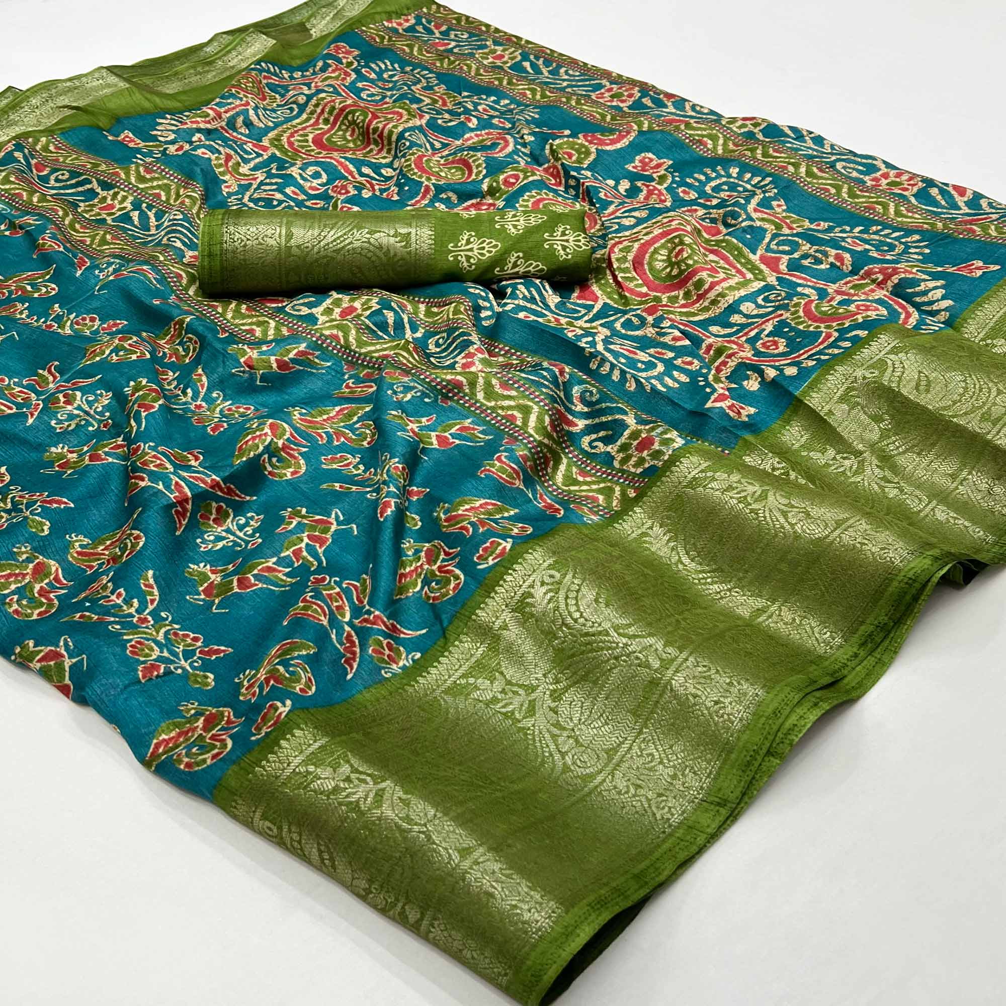 Rama Blue Blue Printed With Woven Border Dola Silk Saree