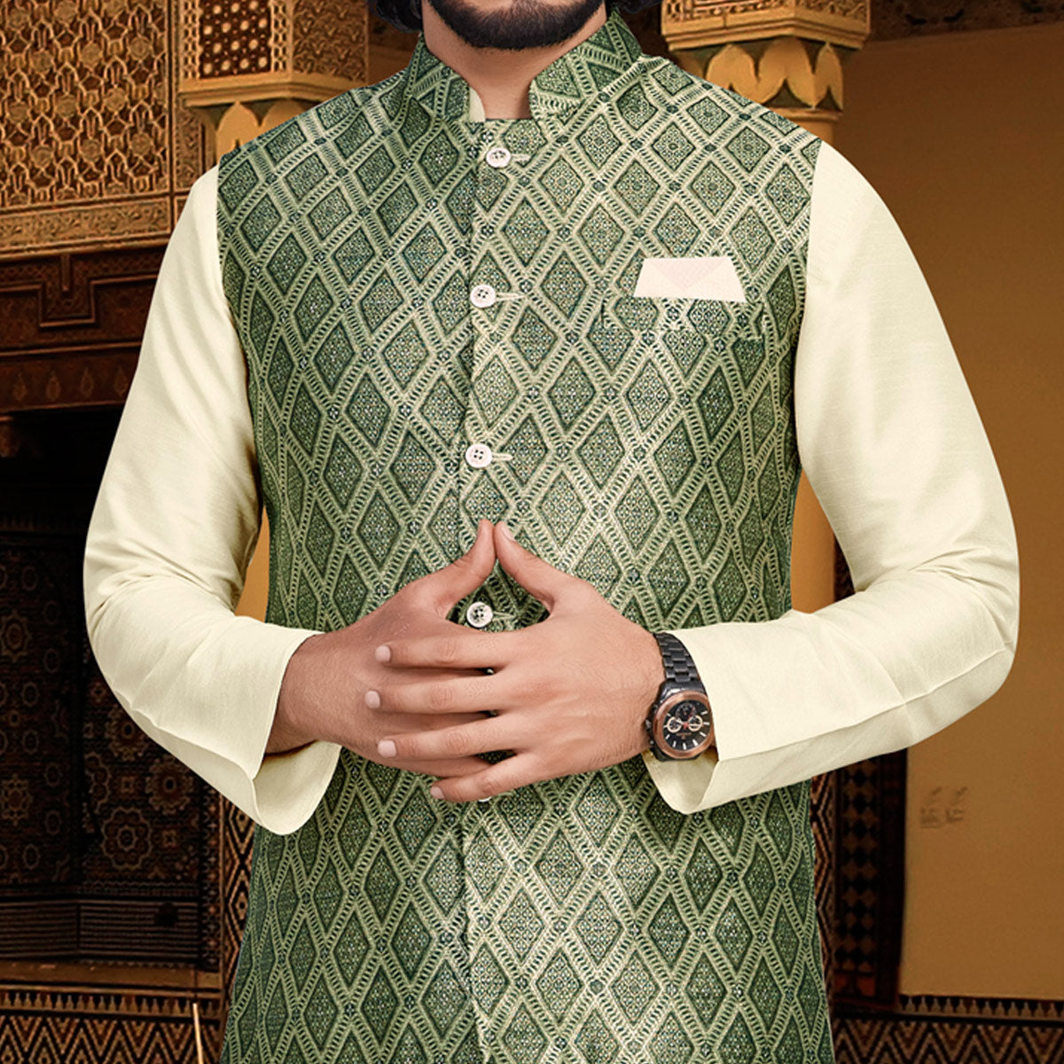 Cream Green Woven Art Silk Kurta Pyjama Set With Jacket