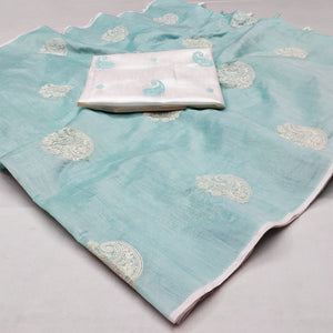 Blue Embroidered Chanderi Saree