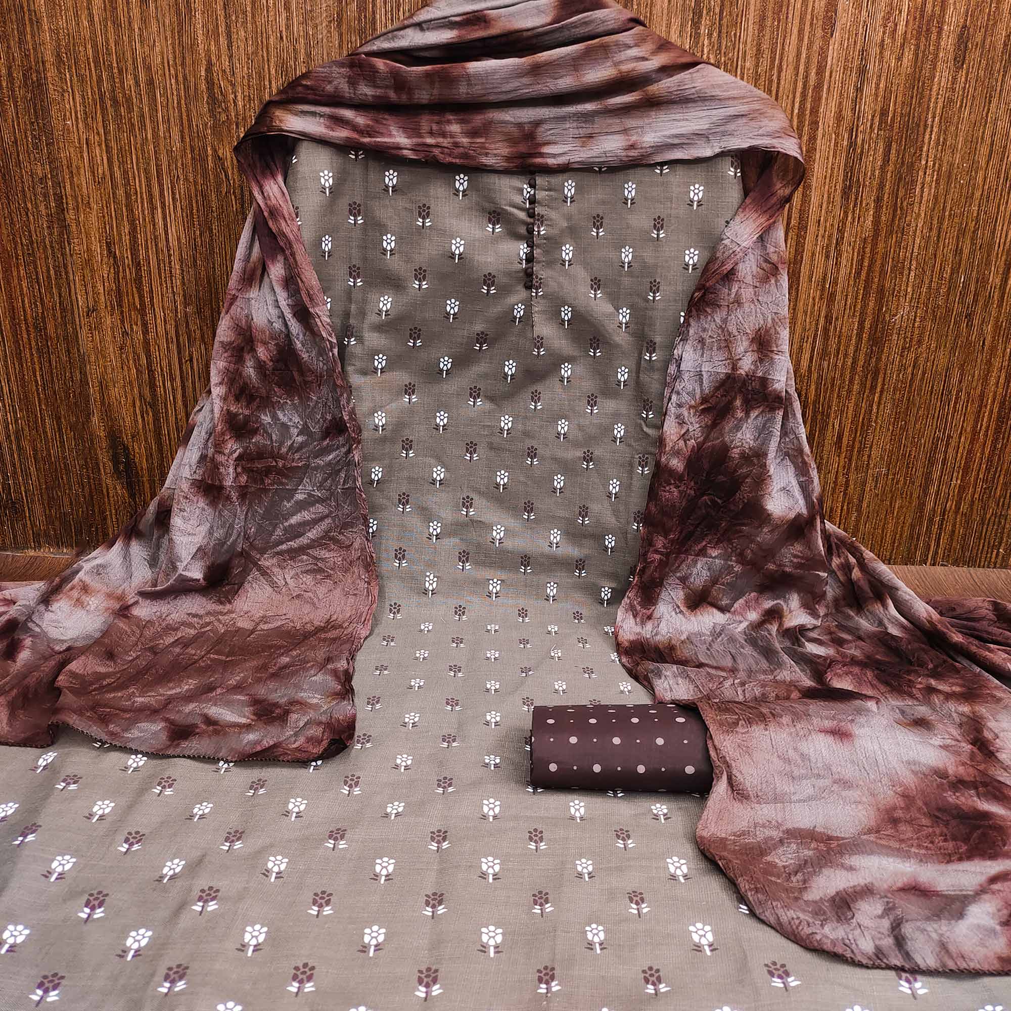 Dark Chikoo Floral Printed Cotton Blend Dress Material